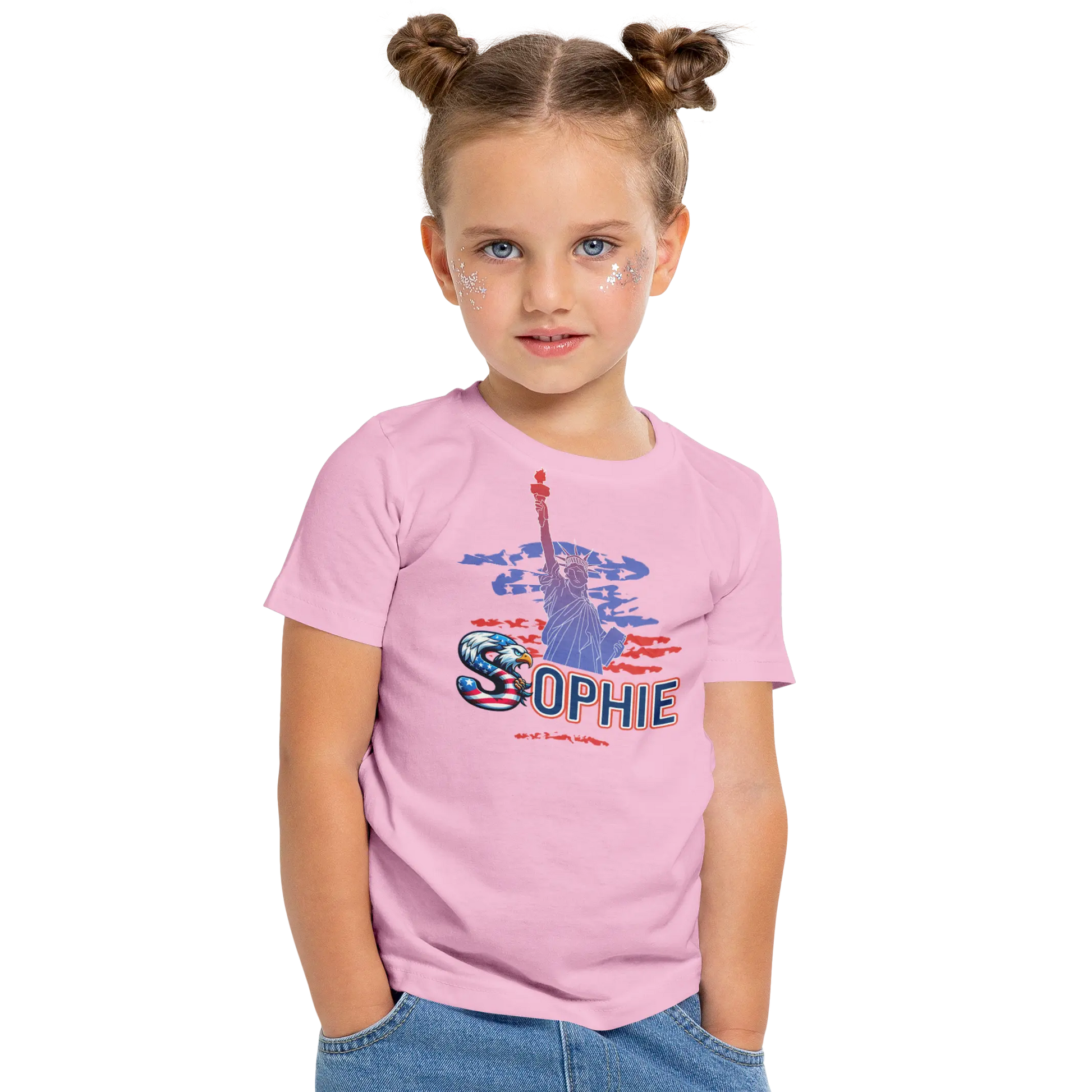 T-shirt personnalisé pour fille - Motif aigle avec drapeau américain de la Statue de la Liberté - MiniLook