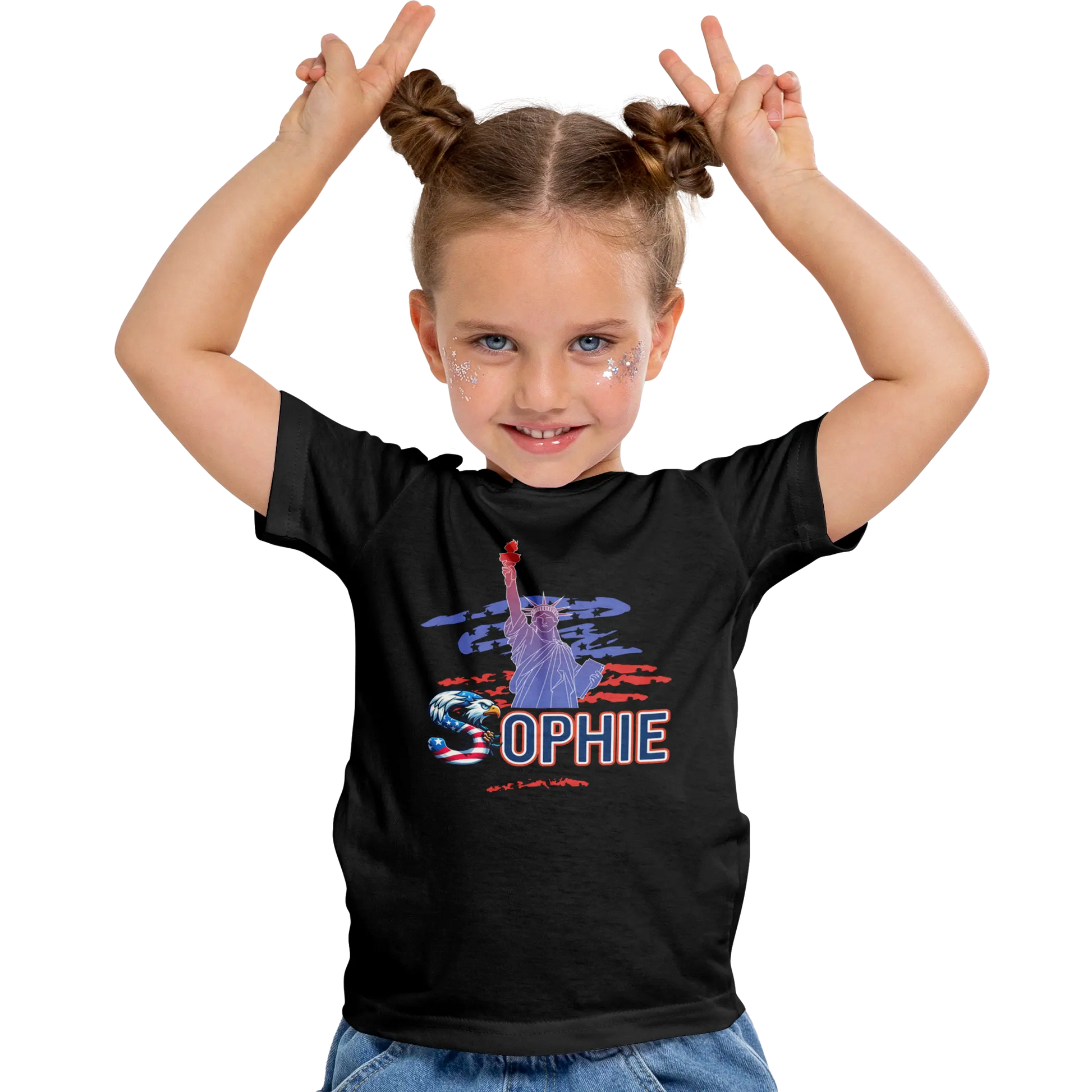 T-shirt personnalisé pour fille - Motif aigle avec drapeau américain de la Statue de la Liberté - MiniLook