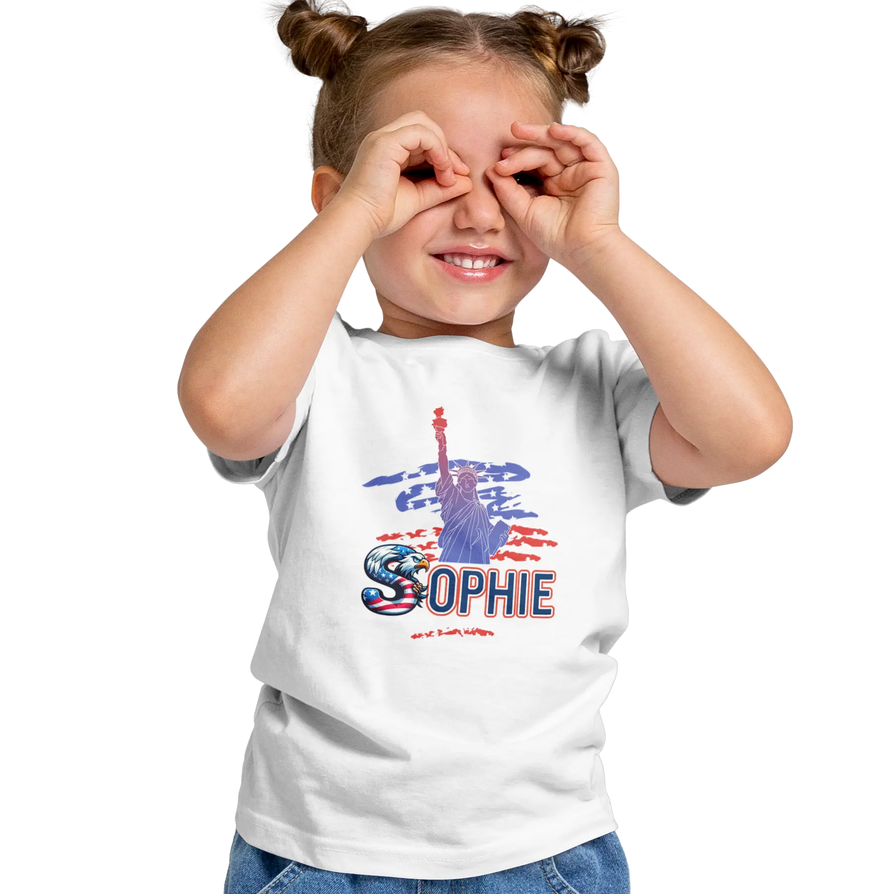 T-shirt personnalisé pour fille - Motif aigle avec drapeau américain de la Statue de la Liberté - MiniLook