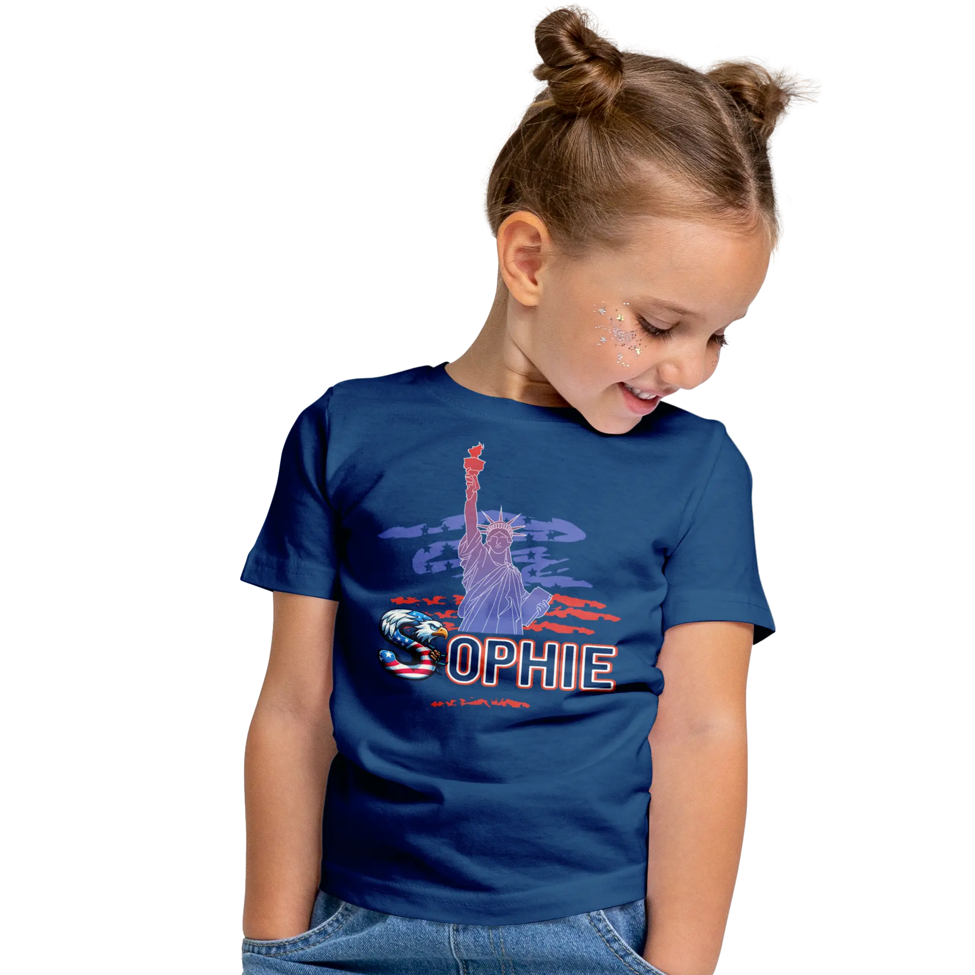 T-shirt personnalisé pour fille - Motif aigle avec drapeau américain de la Statue de la Liberté - MiniLook