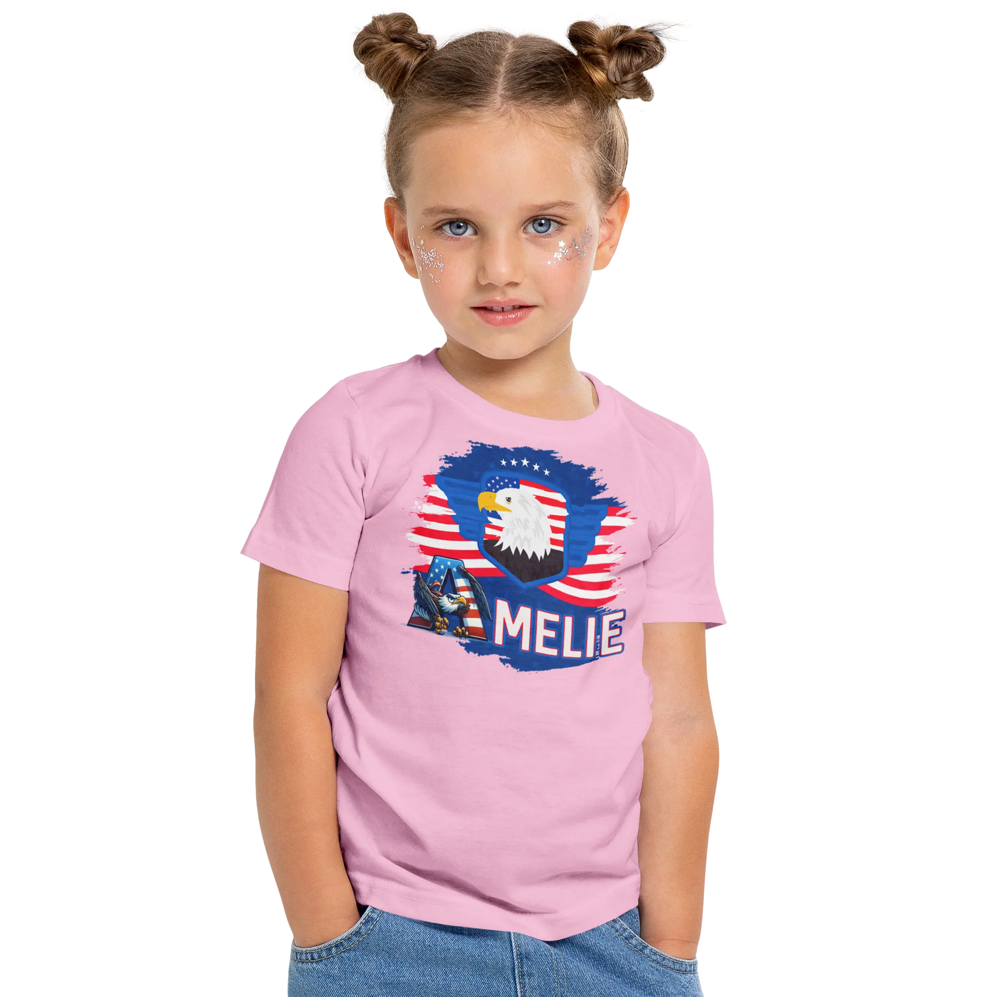 T-shirt personnalisé pour filles - Badge aigle et police d'écriture aigle avec drapeau américain - MiniLook