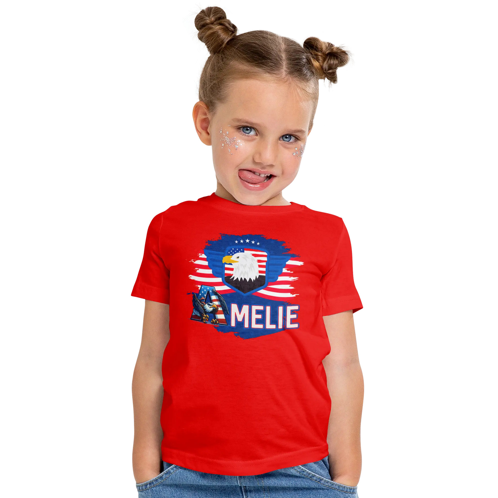 T-shirt personnalisé pour filles - Badge aigle et police d'écriture aigle avec drapeau américain - MiniLook