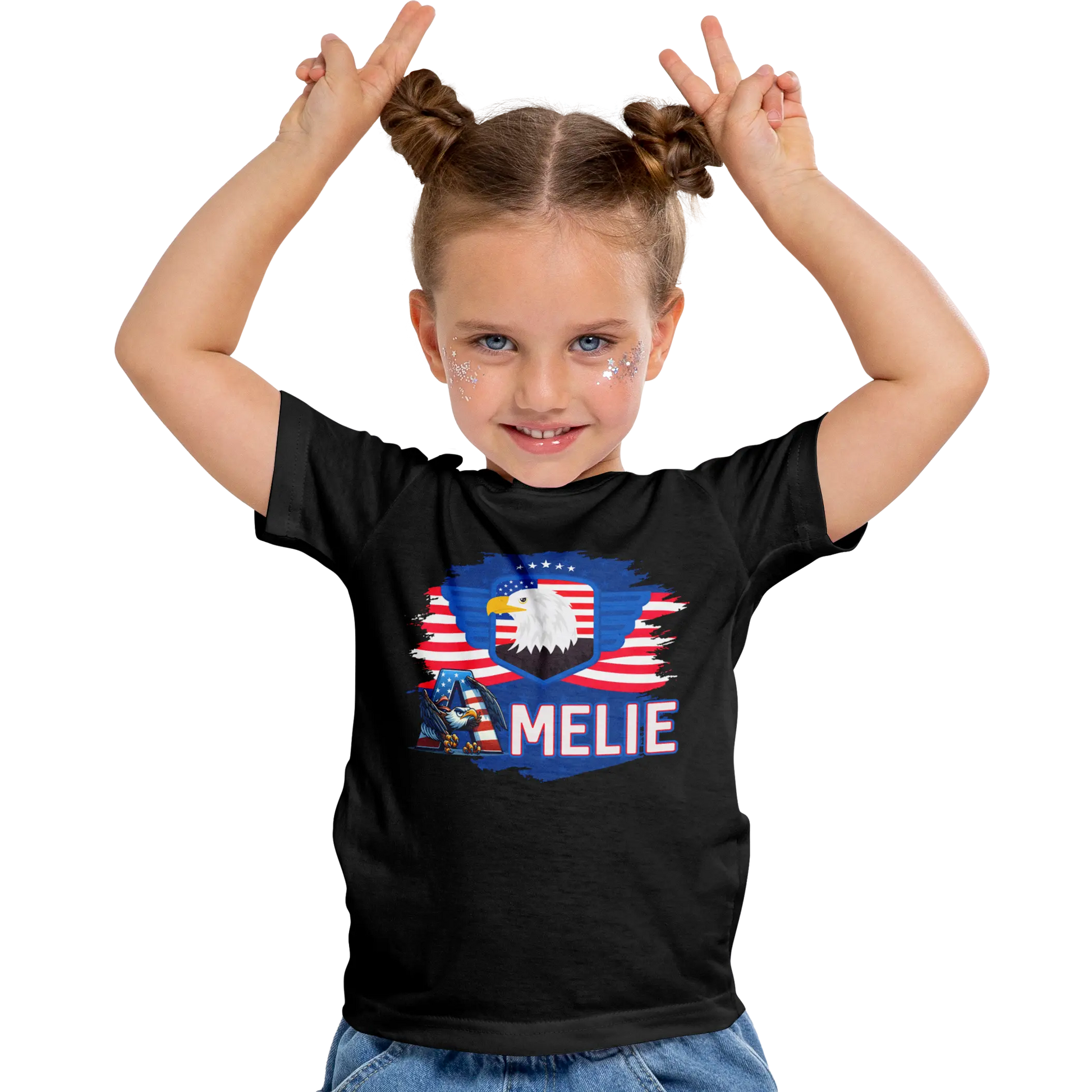 T-shirt personnalisé pour filles - Badge aigle et police d'écriture aigle avec drapeau américain - MiniLook