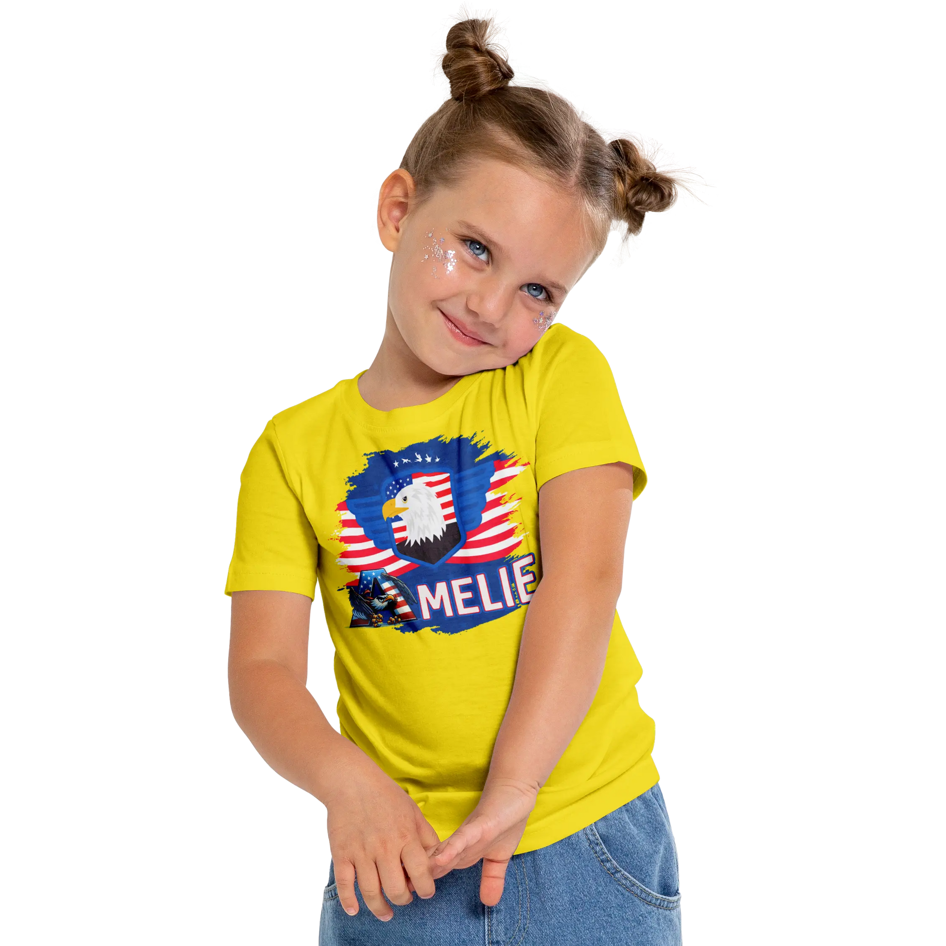 T-shirt personnalisé pour filles - Badge aigle et police d'écriture aigle avec drapeau américain - MiniLook