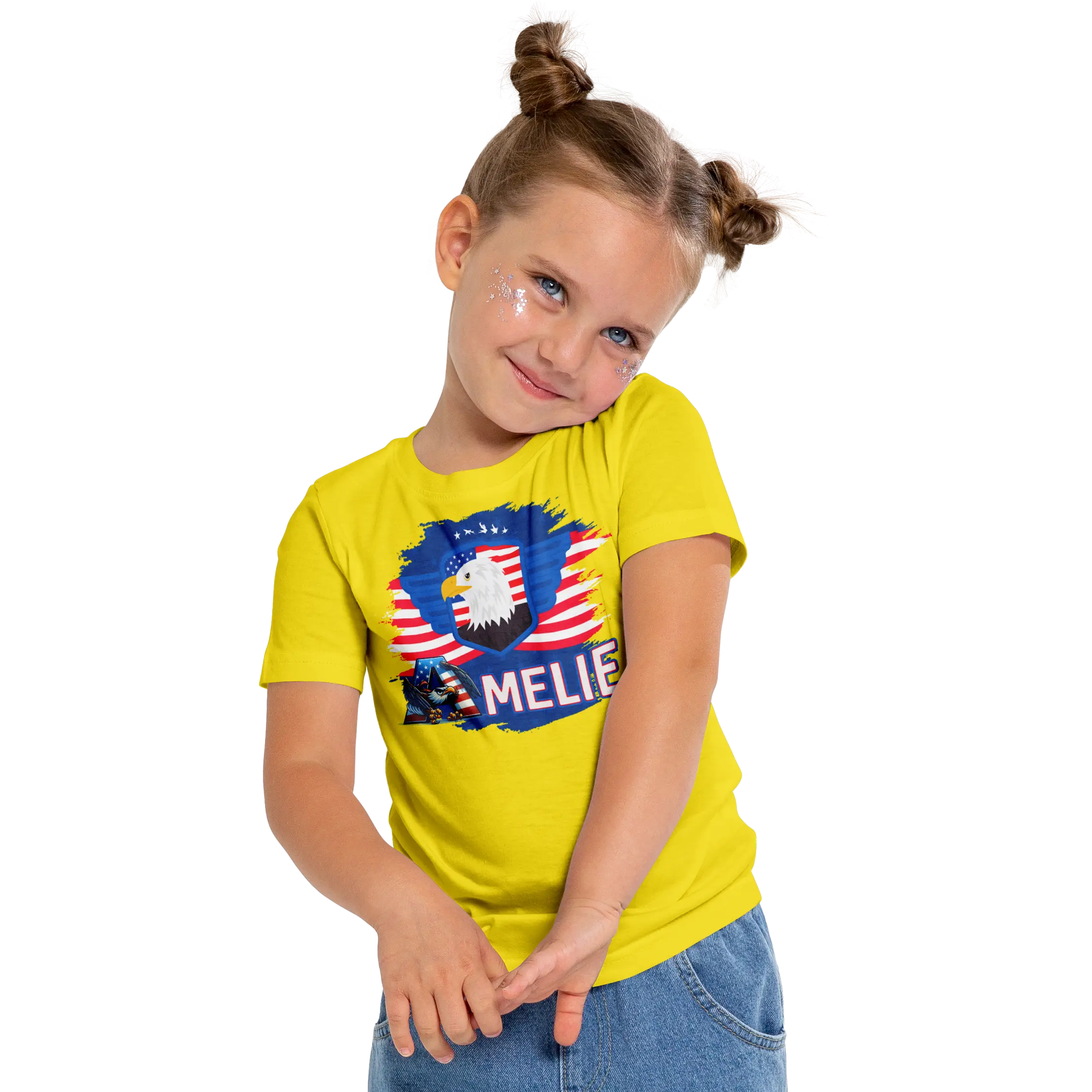 T-shirt personnalisé pour filles - Badge aigle et police d'écriture aigle avec drapeau américain - MiniLook