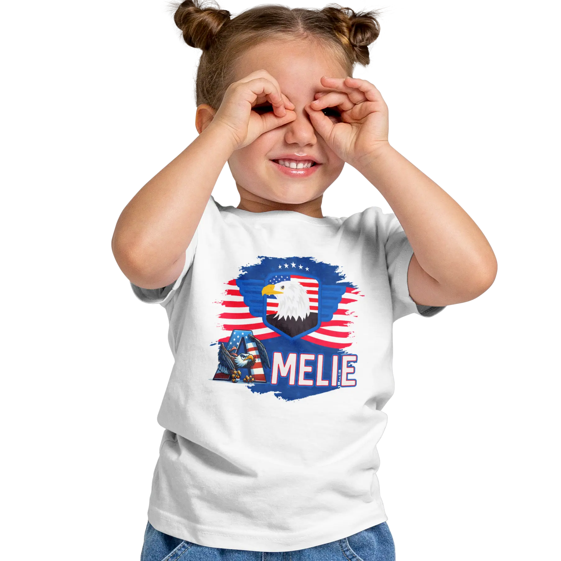 T-shirt personnalisé pour filles - Badge aigle et police d'écriture aigle avec drapeau américain - MiniLook