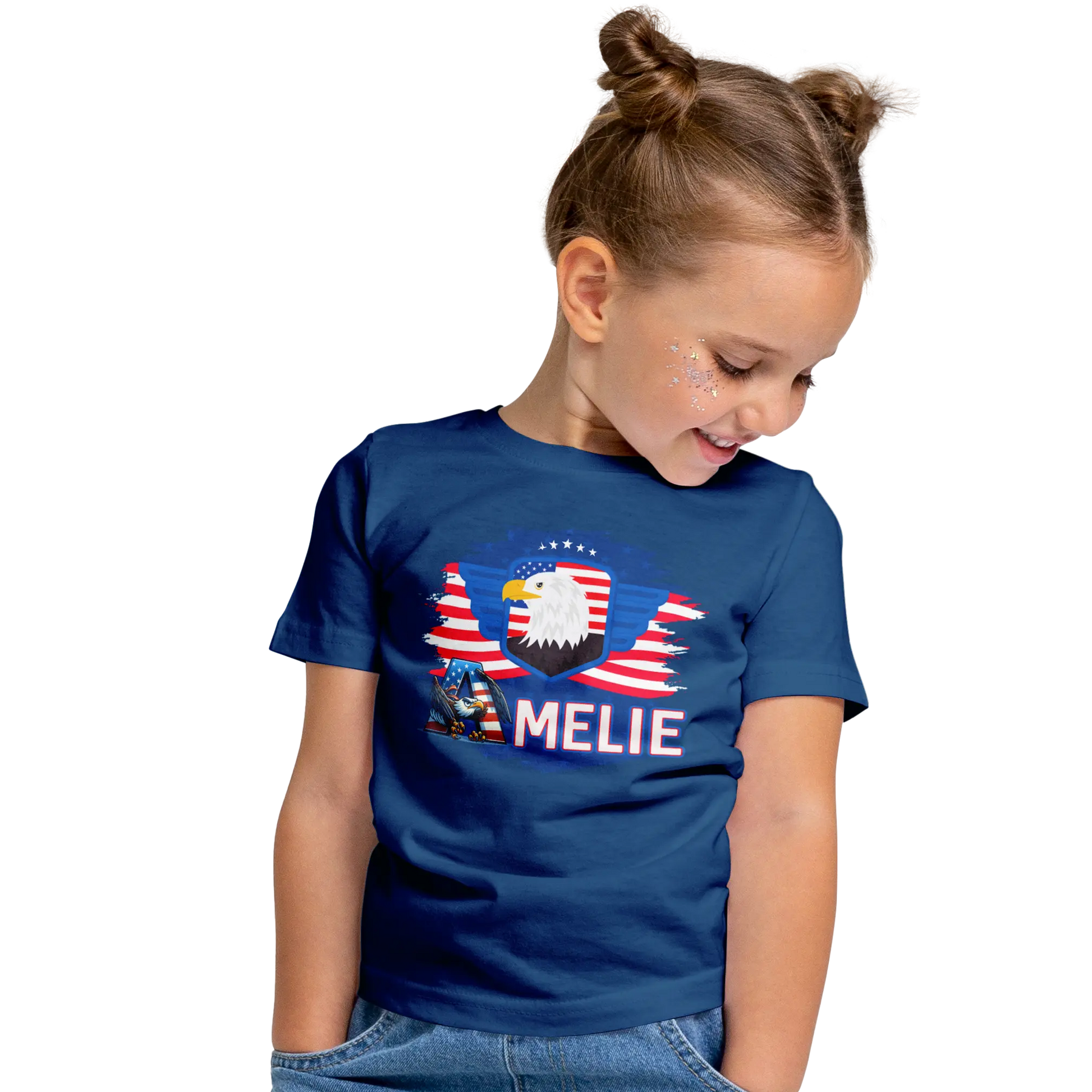 T-shirt personnalisé pour filles - Badge aigle et police d'écriture aigle avec drapeau américain - MiniLook