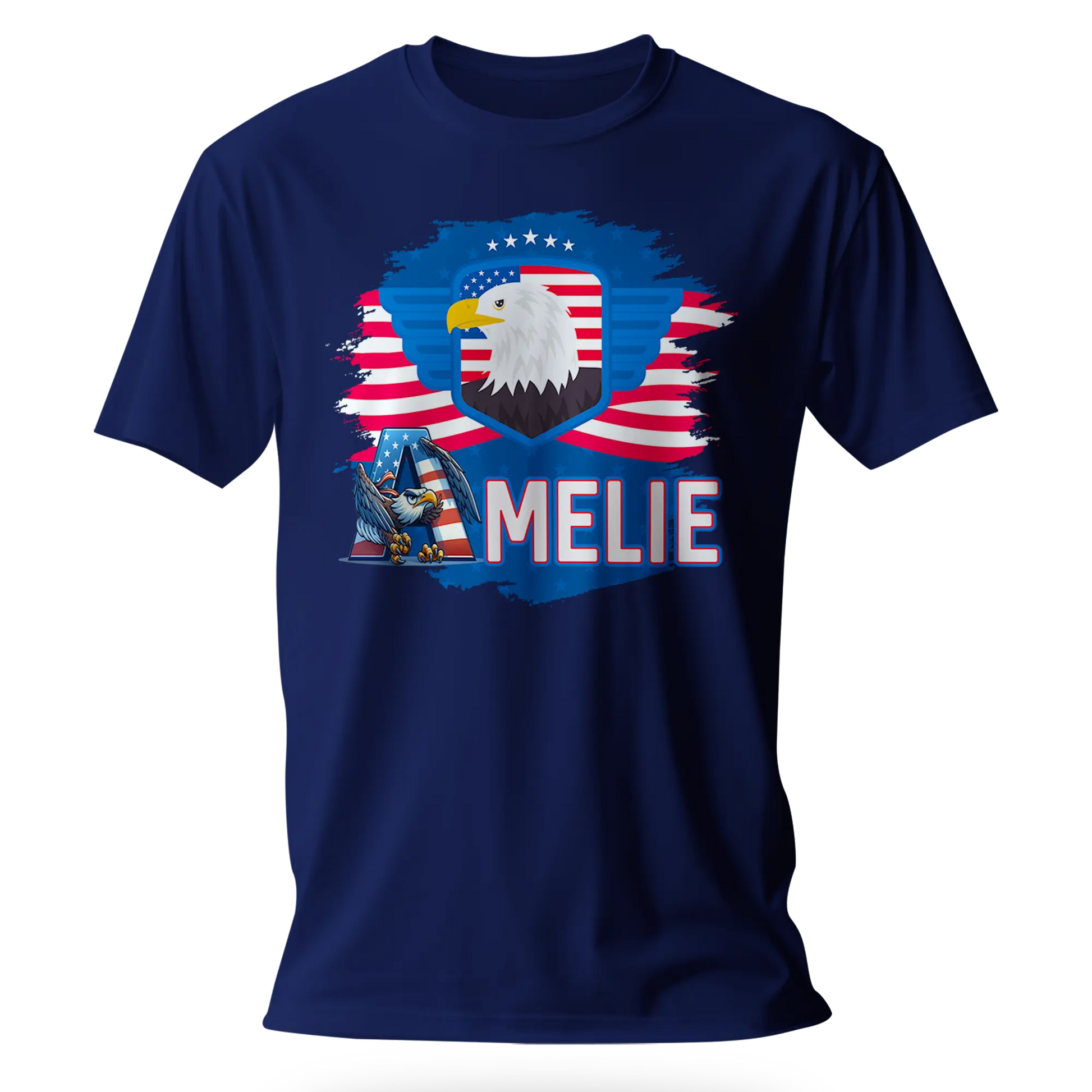 T-shirt personnalisé pour filles - Badge aigle et police d'écriture aigle avec drapeau américain - MiniLook