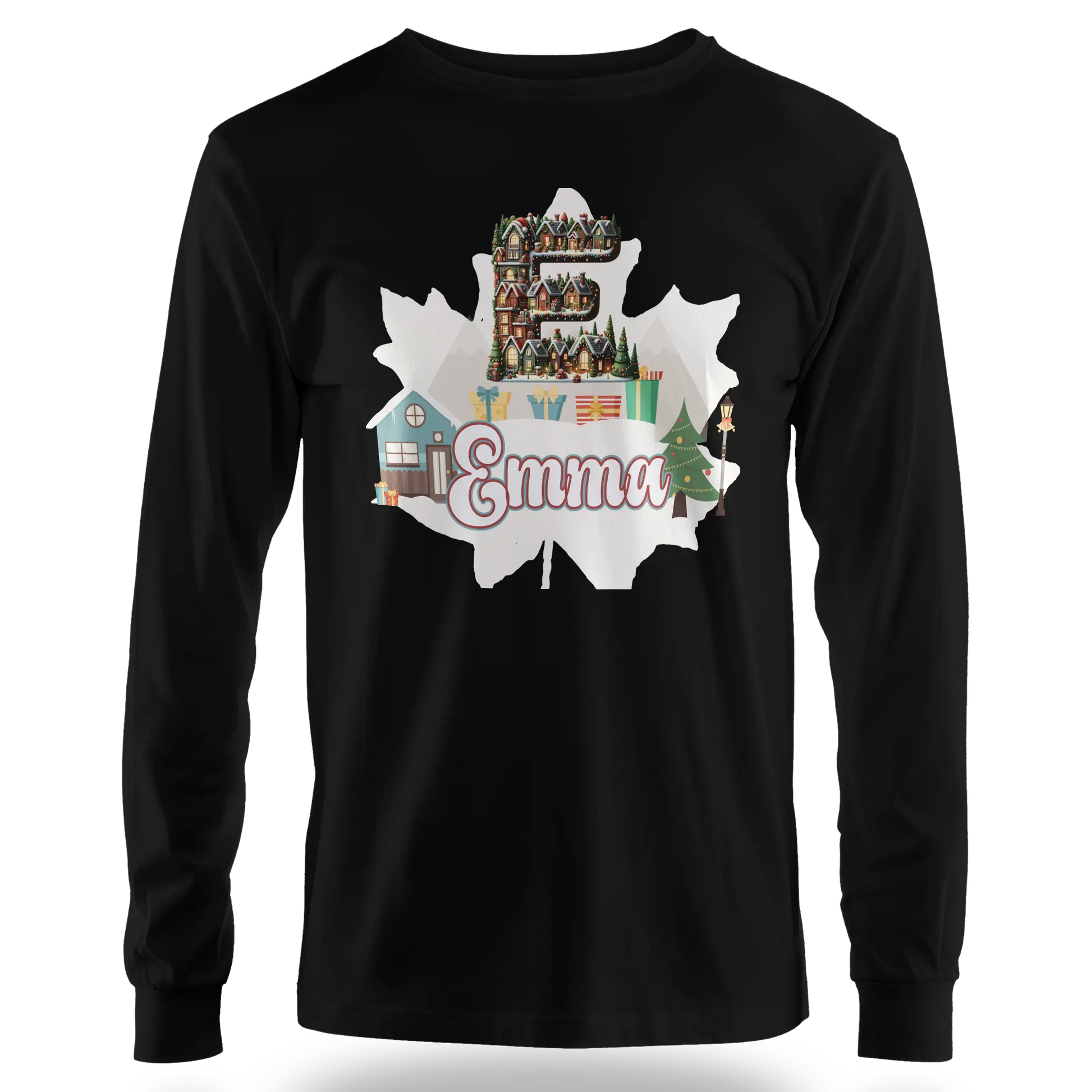 T-Shirt Personnalisé Cadeaux de Noël & Maison de Noël avec Arbre Feuille d'Automne - Initiale & Prénom - MiniLook