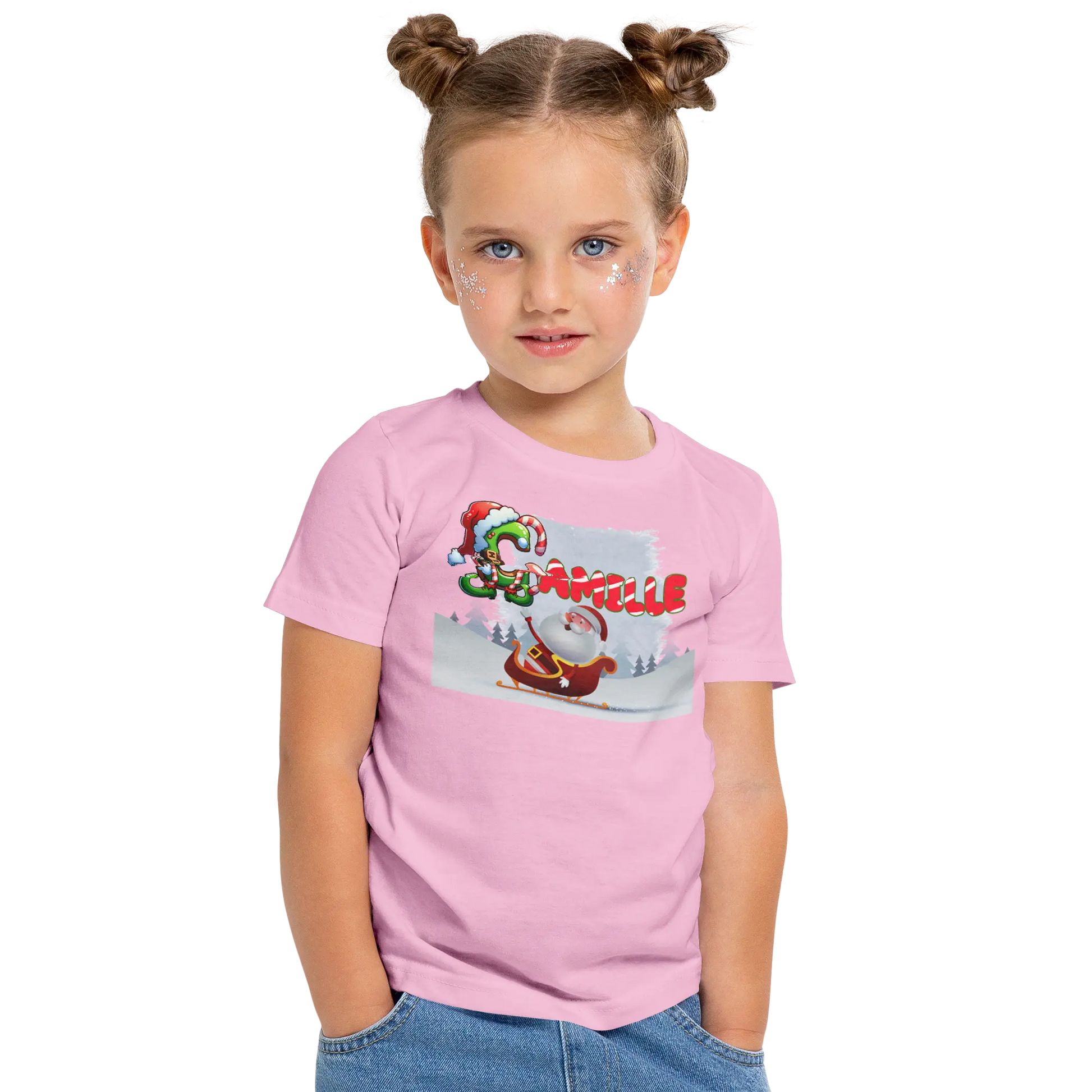 T-Shirt Personnalisé Fille Motif Traîneau du Père Noël et Forêt de Neige - Prénom - MiniLook