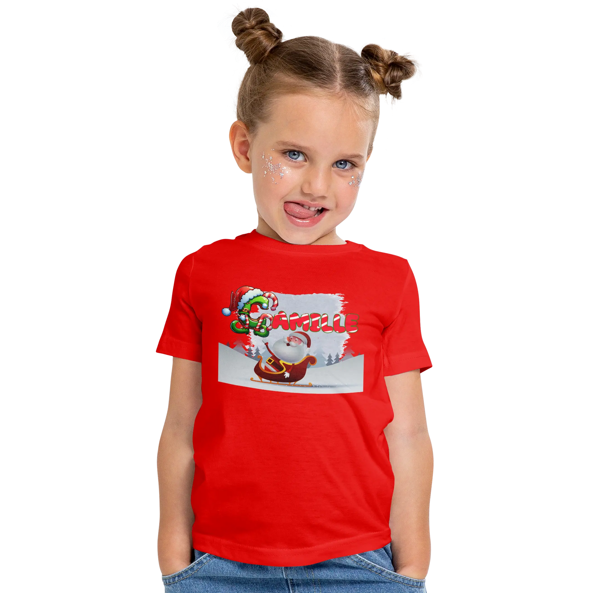 T-Shirt Personnalisé Fille Motif Traîneau du Père Noël et Forêt de Neige - Prénom - MiniLook