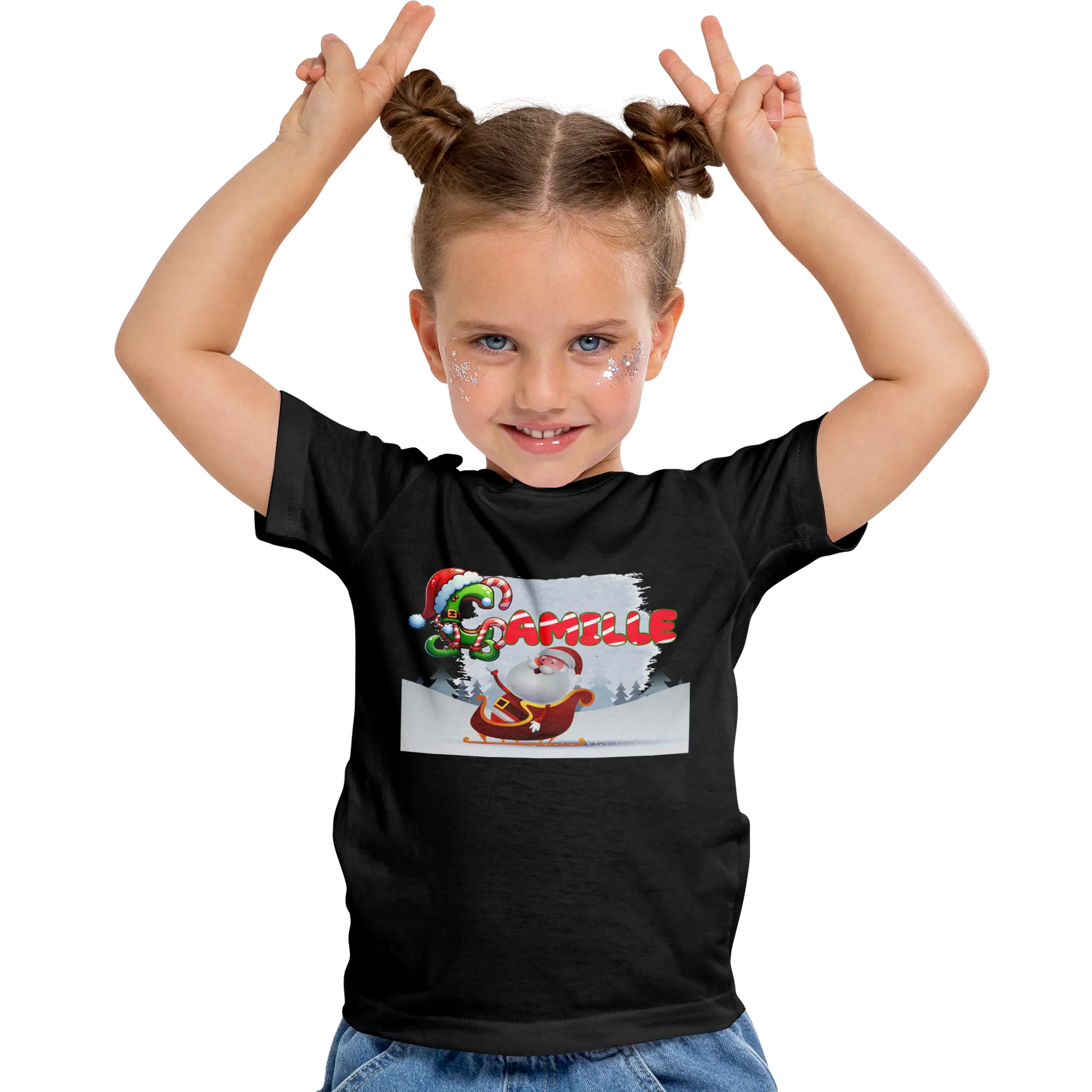 T-Shirt Personnalisé Fille Motif Traîneau du Père Noël et Forêt de Neige - Prénom - MiniLook