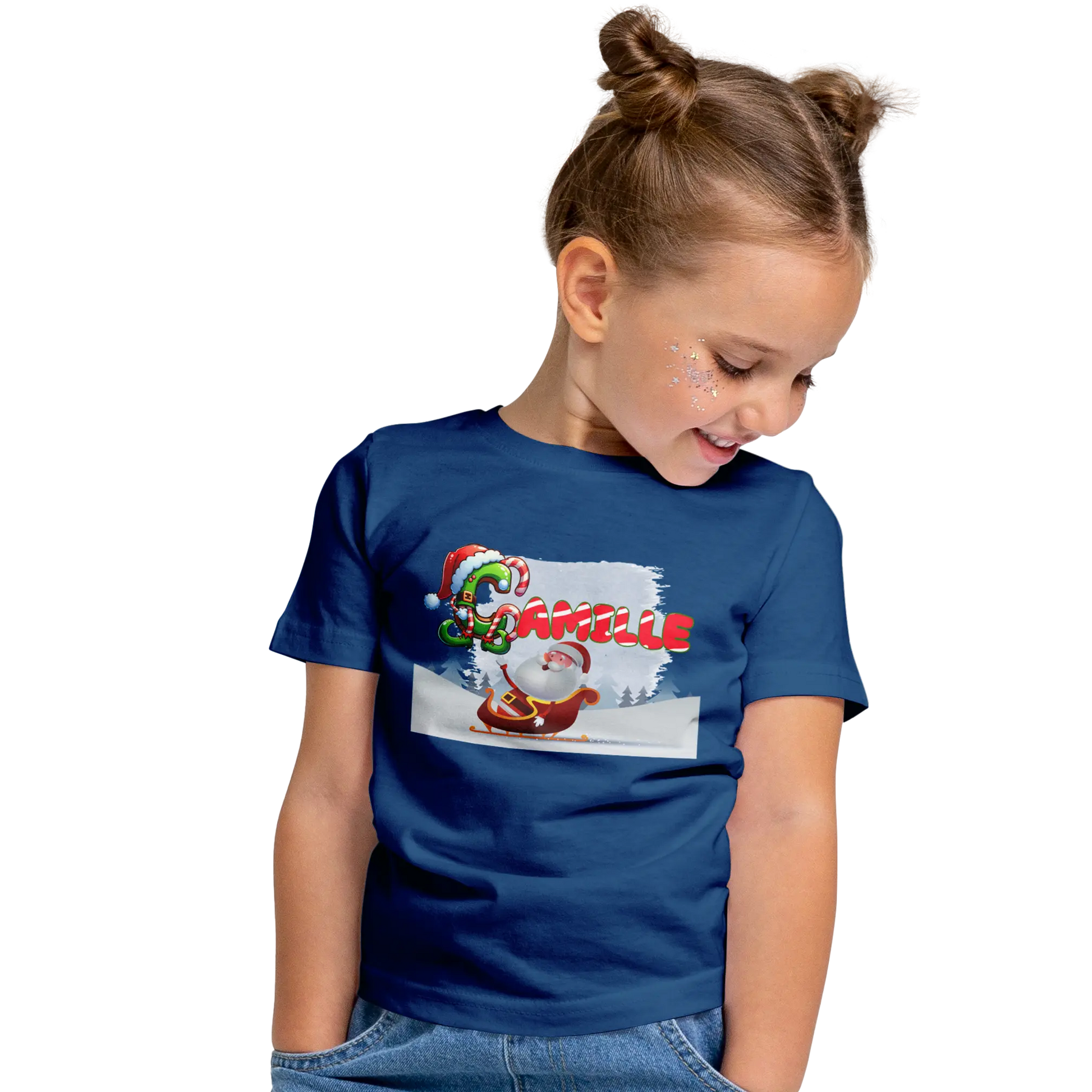 T-Shirt Personnalisé Fille Motif Traîneau du Père Noël et Forêt de Neige - Prénom - MiniLook