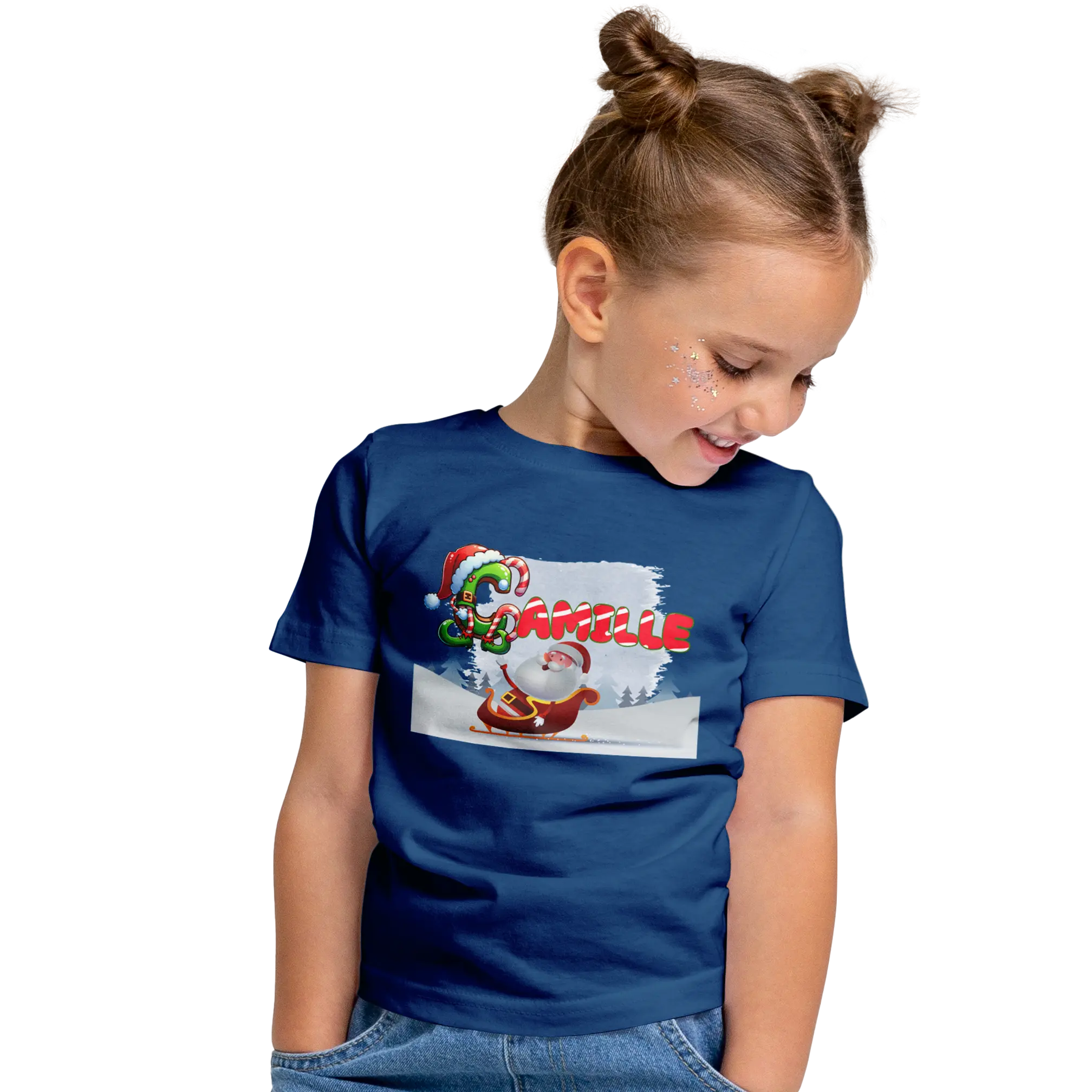 T-Shirt Personnalisé Fille Motif Traîneau du Père Noël et Forêt de Neige - Prénom - MiniLook