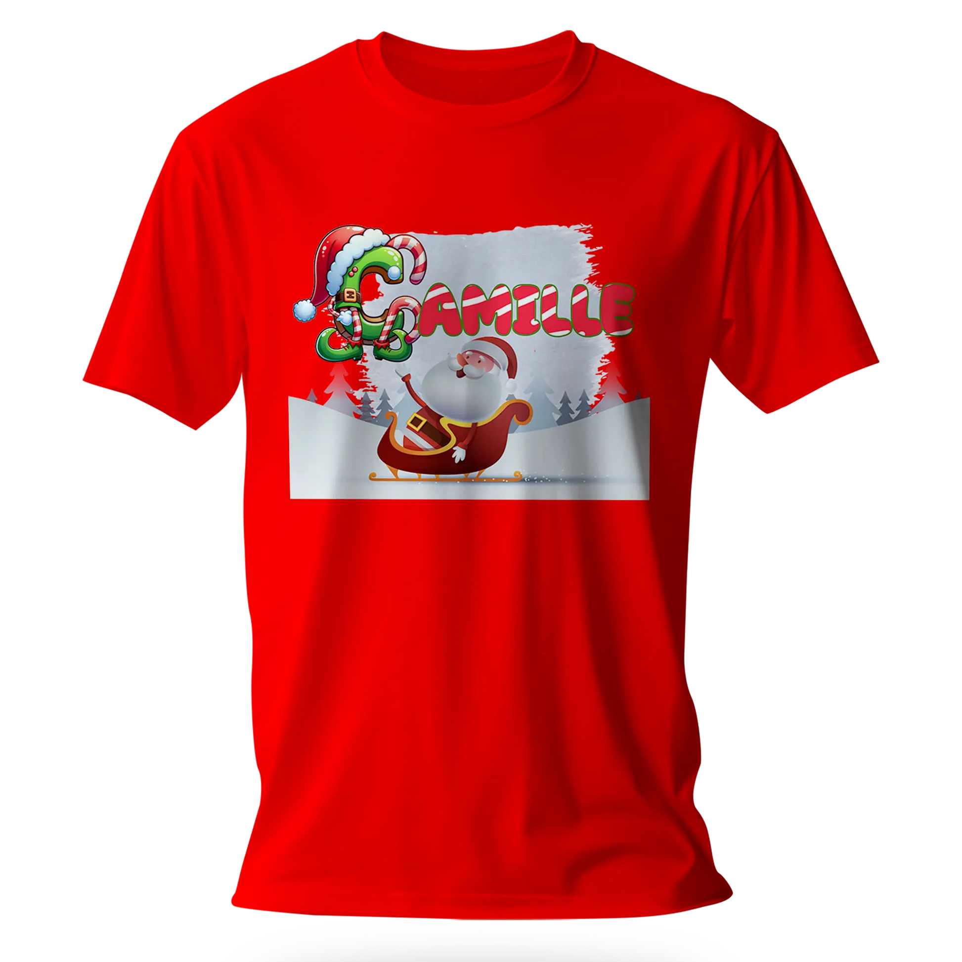 T-Shirt Personnalisé Fille Motif Traîneau du Père Noël et Forêt de Neige - Prénom - MiniLook