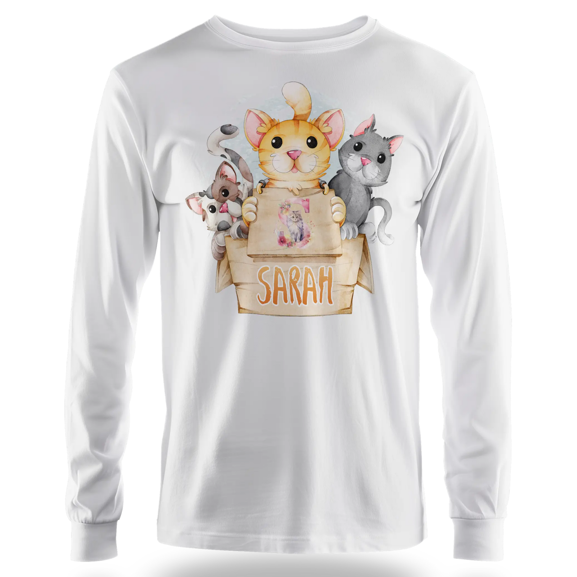 T-Shirt Personnalisé Pour Fille - Prénom et Initiale - Motif 3 Chats dans une Boîte - MiniLook