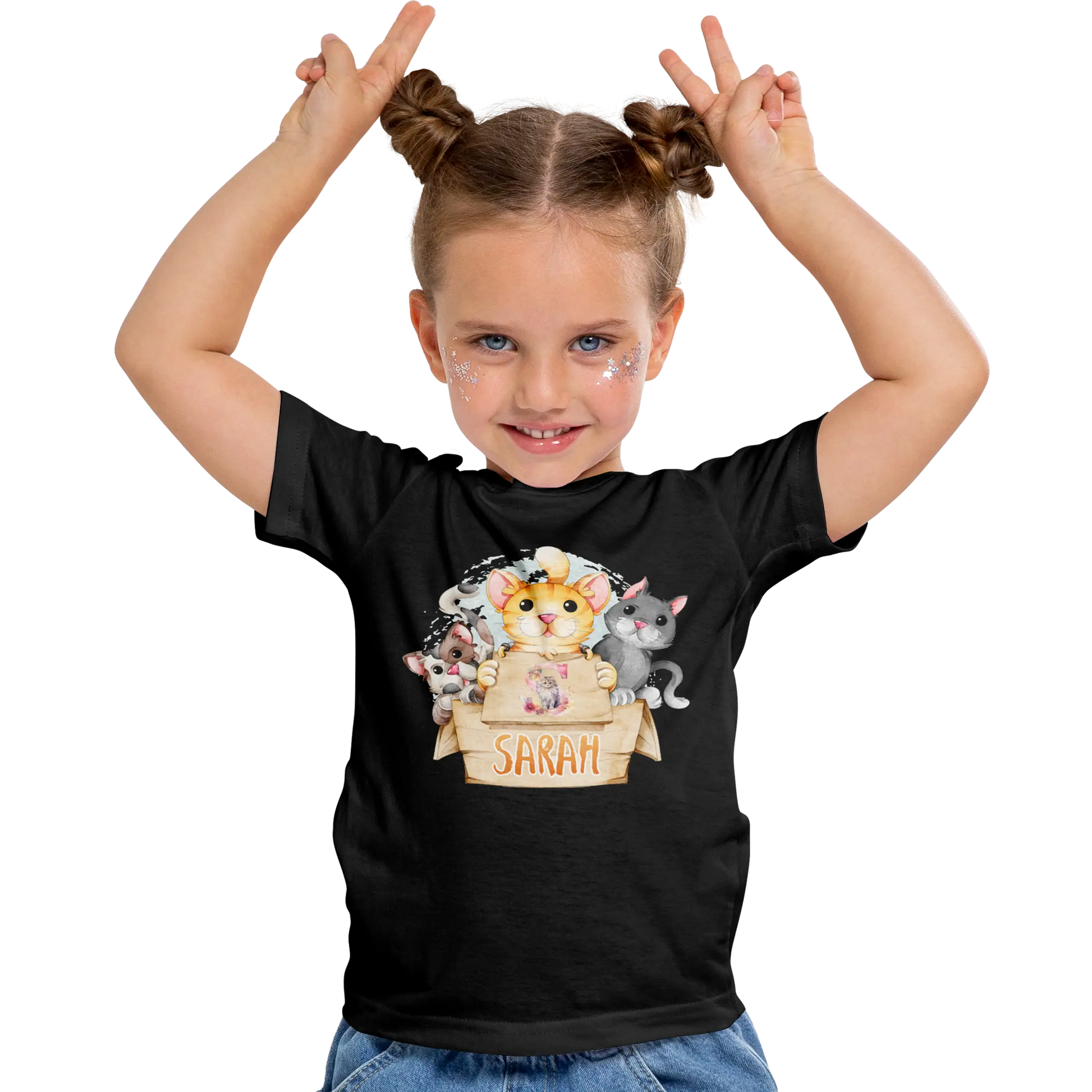 T-Shirt Personnalisé Pour Fille - Prénom et Initiale - Motif 3 Chats dans une Boîte - MiniLook