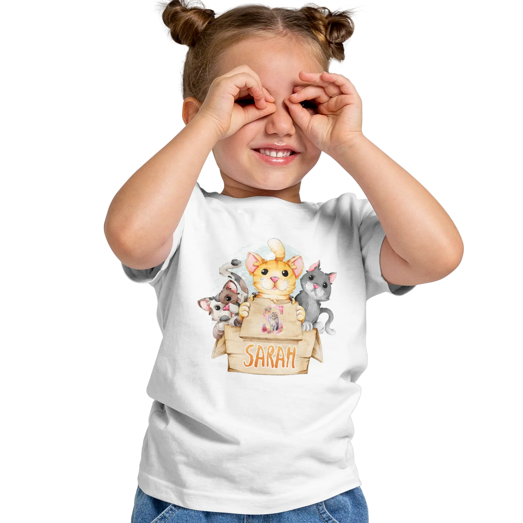 T-Shirt Personnalisé Pour Fille - Prénom et Initiale - Motif 3 Chats dans une Boîte - MiniLook