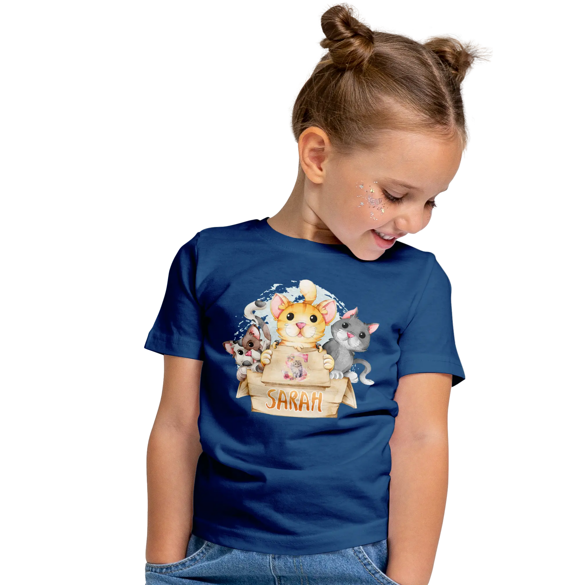 T-Shirt Personnalisé Pour Fille - Prénom et Initiale - Motif 3 Chats dans une Boîte - MiniLook