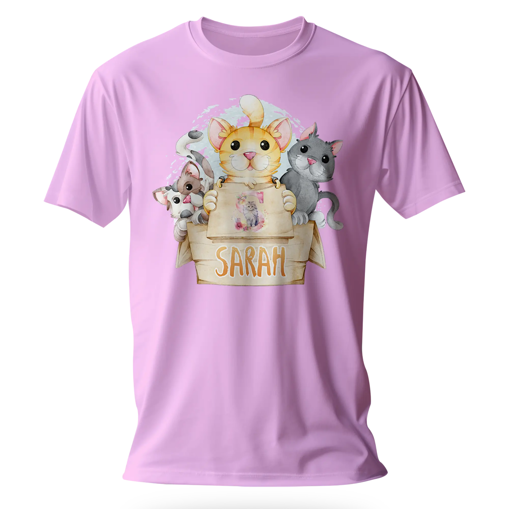 T-Shirt Personnalisé Pour Fille - Prénom et Initiale - Motif 3 Chats dans une Boîte - MiniLook