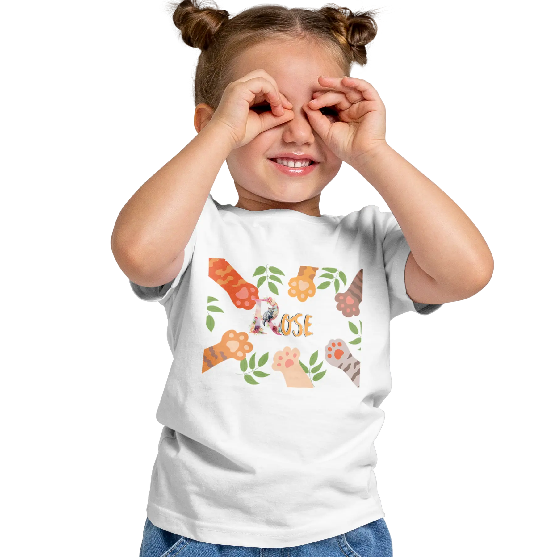 T-Shirt Prénom Personnalisé Pour Fille - Motif Patte de Chat & Feuilles - MiniLook