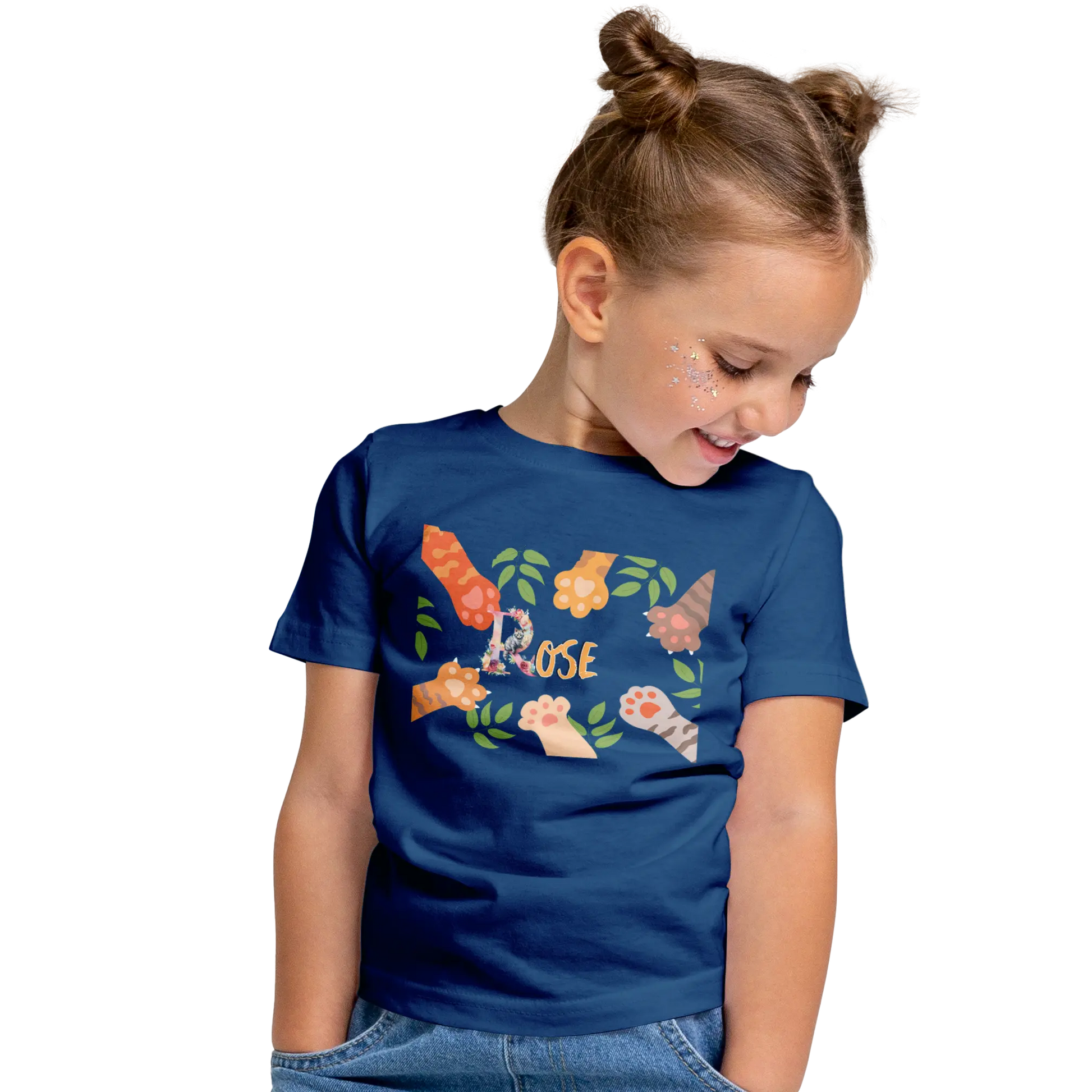 T-Shirt Prénom Personnalisé Pour Fille - Motif Patte de Chat & Feuilles - MiniLook