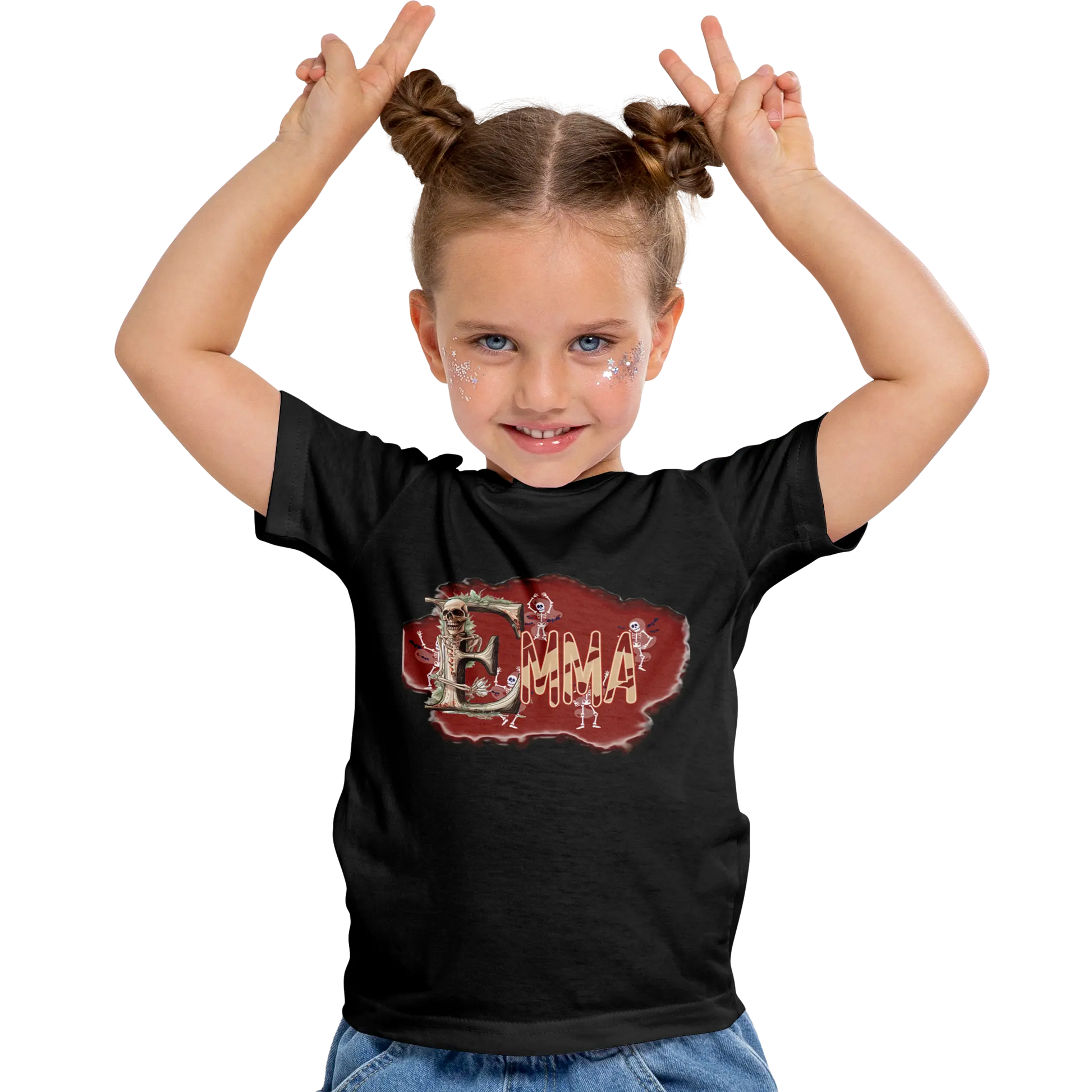 T-shirt personnalisé pour fille - Motif squelette dansant et éclaboussures de sang Prénom - MiniLook