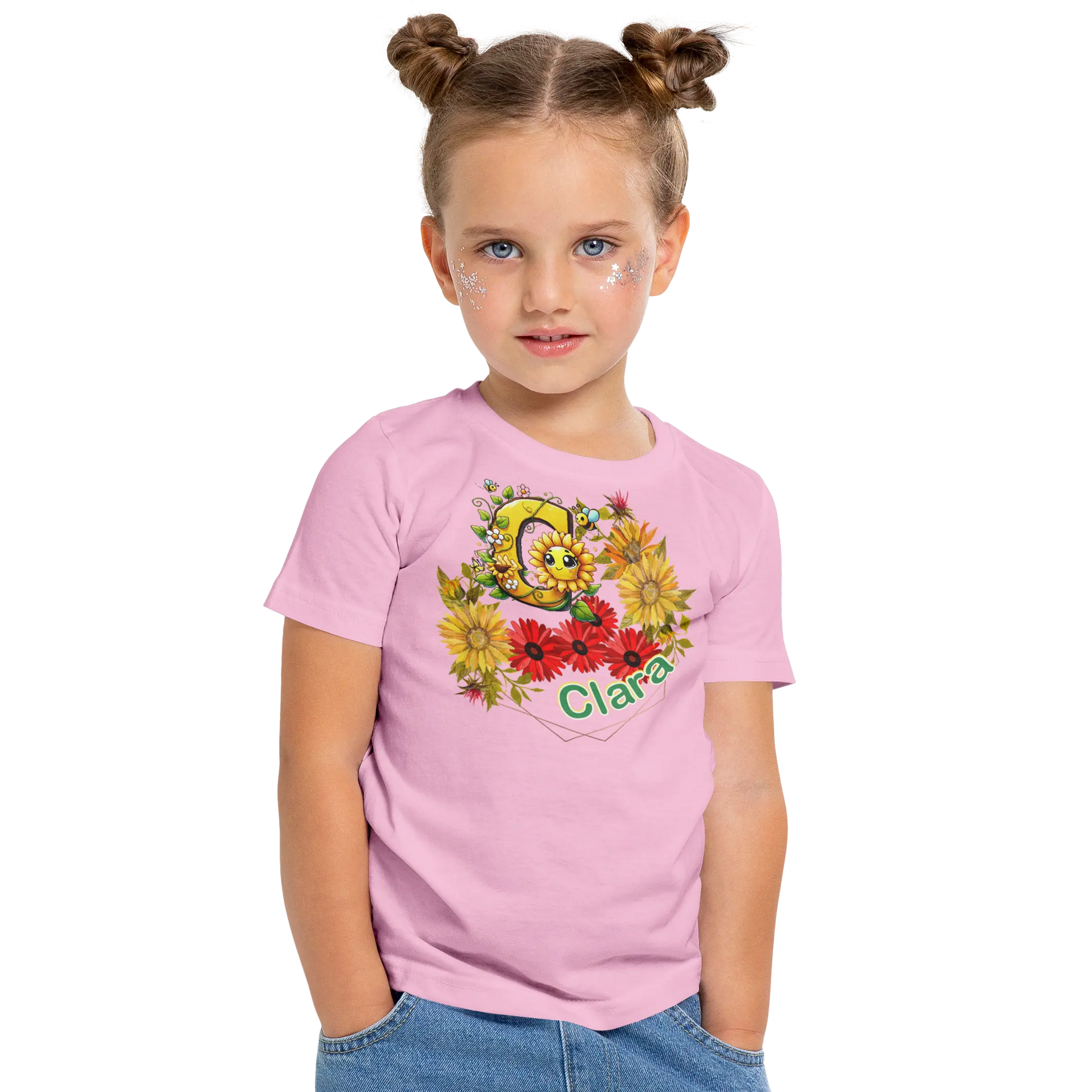 T-Shirt Personnalisé Fleurs Tournesol Jaune & Rouge Avec Visage Pour Fille - Initiale et Prénom - MiniLook