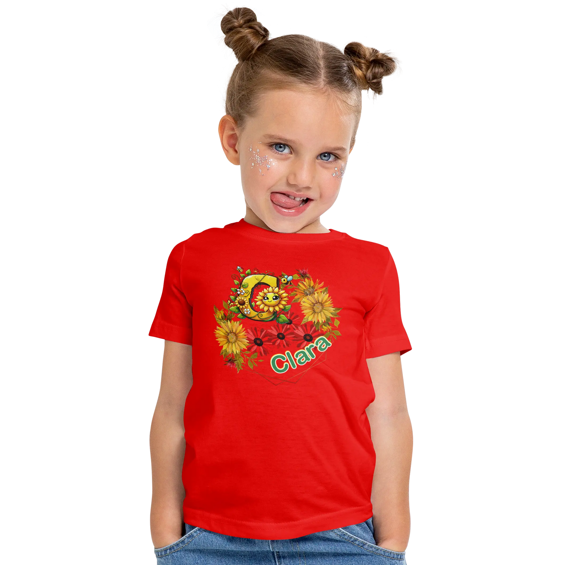 T-Shirt Personnalisé Fleurs Tournesol Jaune & Rouge Avec Visage Pour Fille - Initiale et Prénom - MiniLook