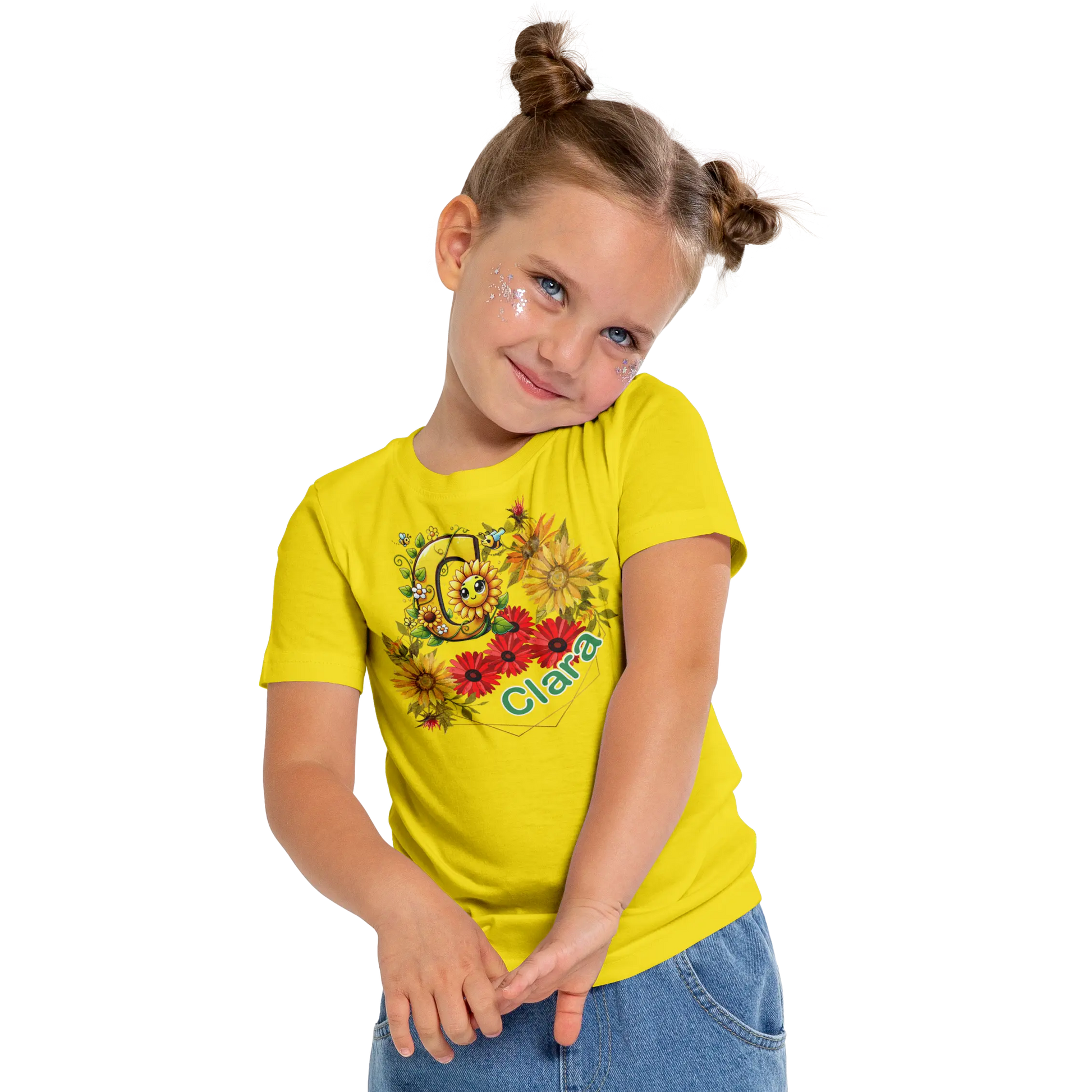 T-Shirt Personnalisé Fleurs Tournesol Jaune & Rouge Avec Visage Pour Fille - Initiale et Prénom - MiniLook