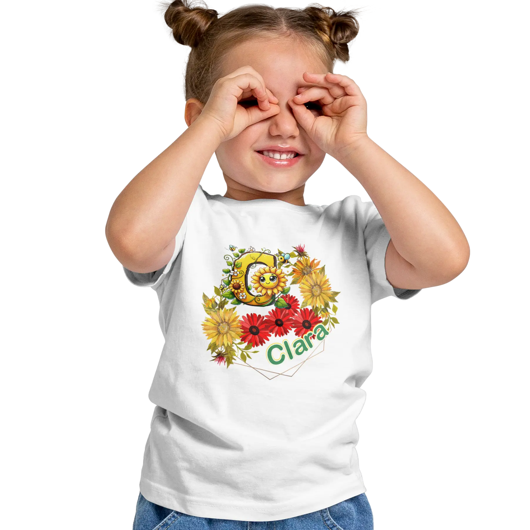 T-Shirt Personnalisé Fleurs Tournesol Jaune & Rouge Avec Visage Pour Fille - Initiale et Prénom - MiniLook