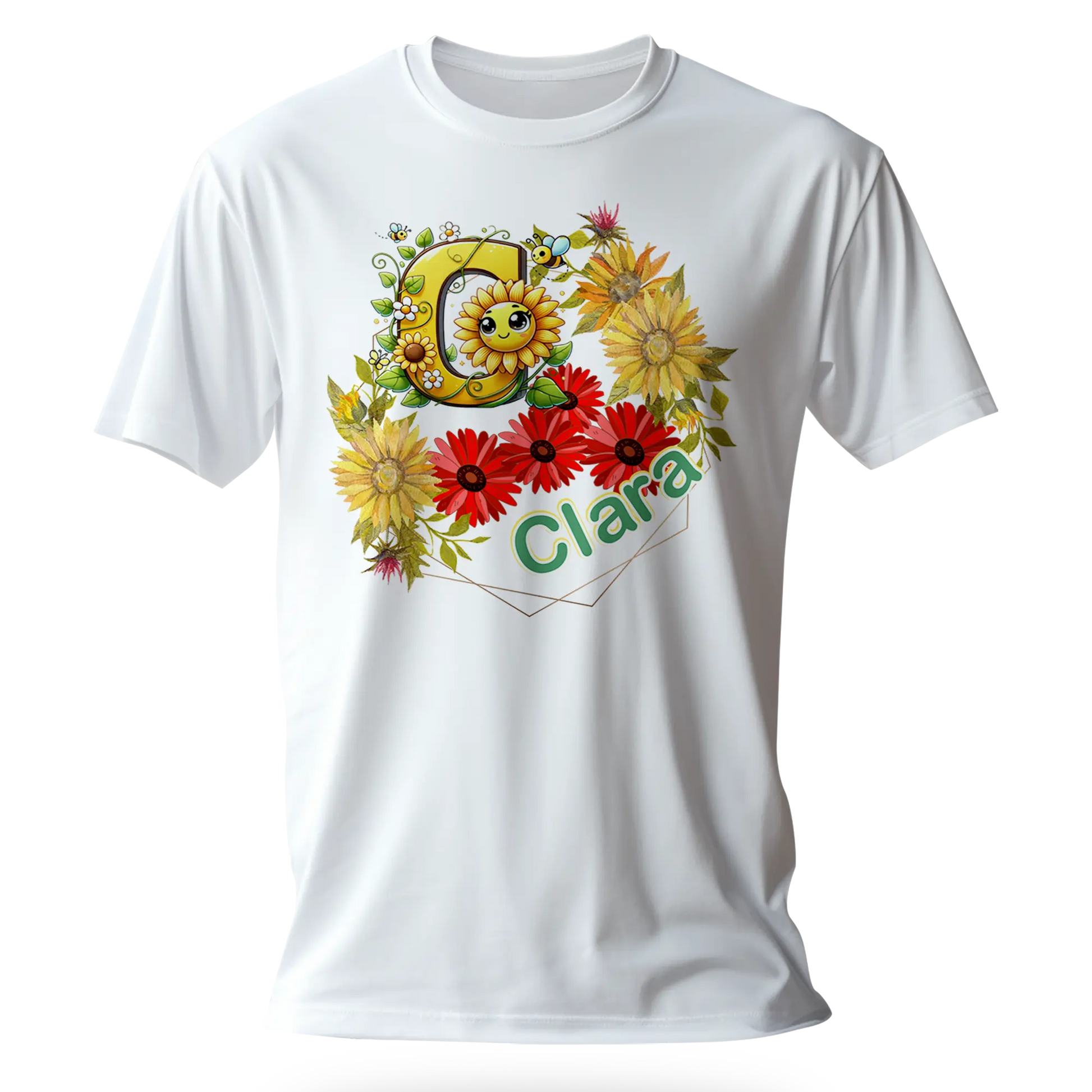 T-Shirt Personnalisé Fleurs Tournesol Jaune & Rouge Avec Visage Pour Fille - Initiale et Prénom - MiniLook