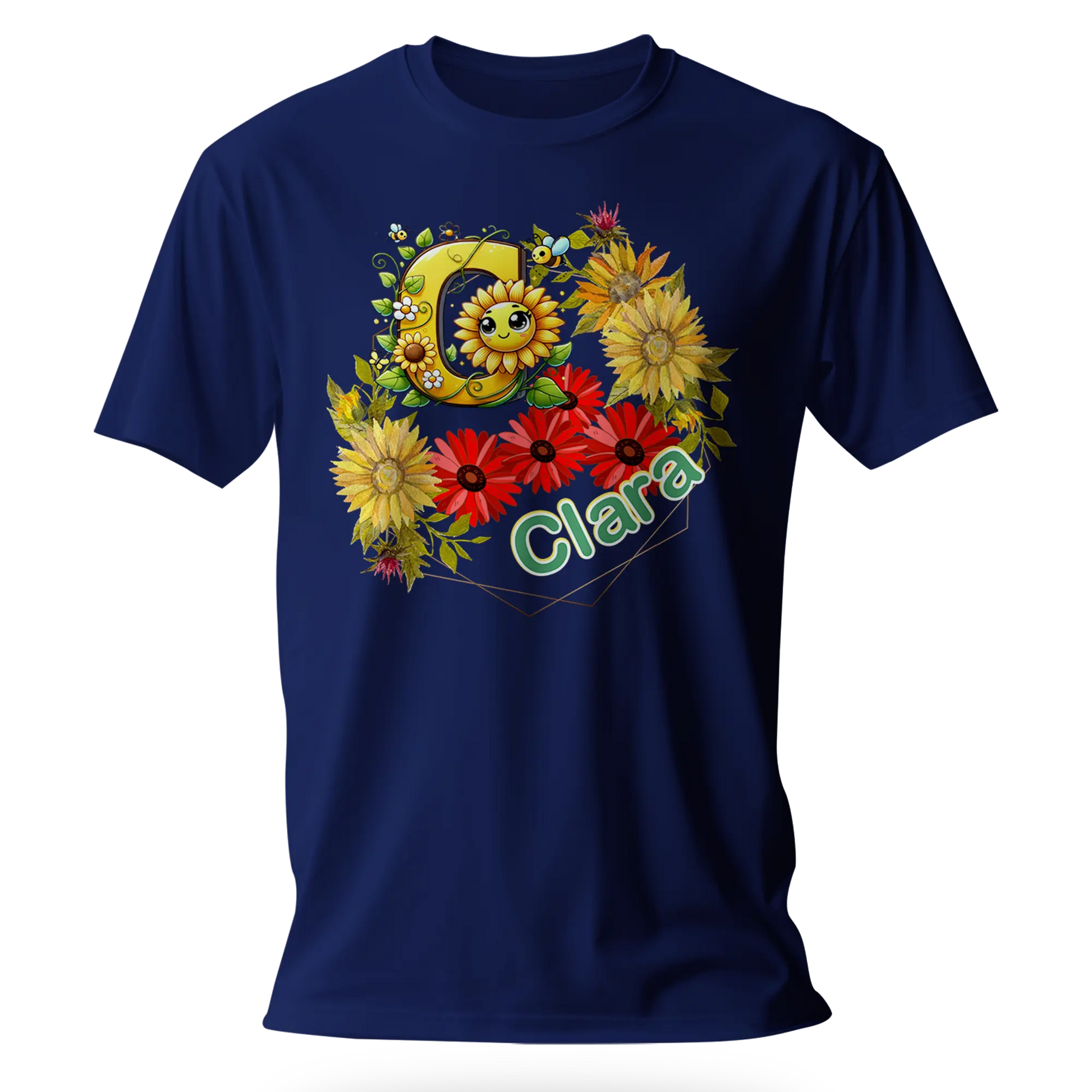 T-Shirt Personnalisé Fleurs Tournesol Jaune & Rouge Avec Visage Pour Fille - Initiale et Prénom - MiniLook