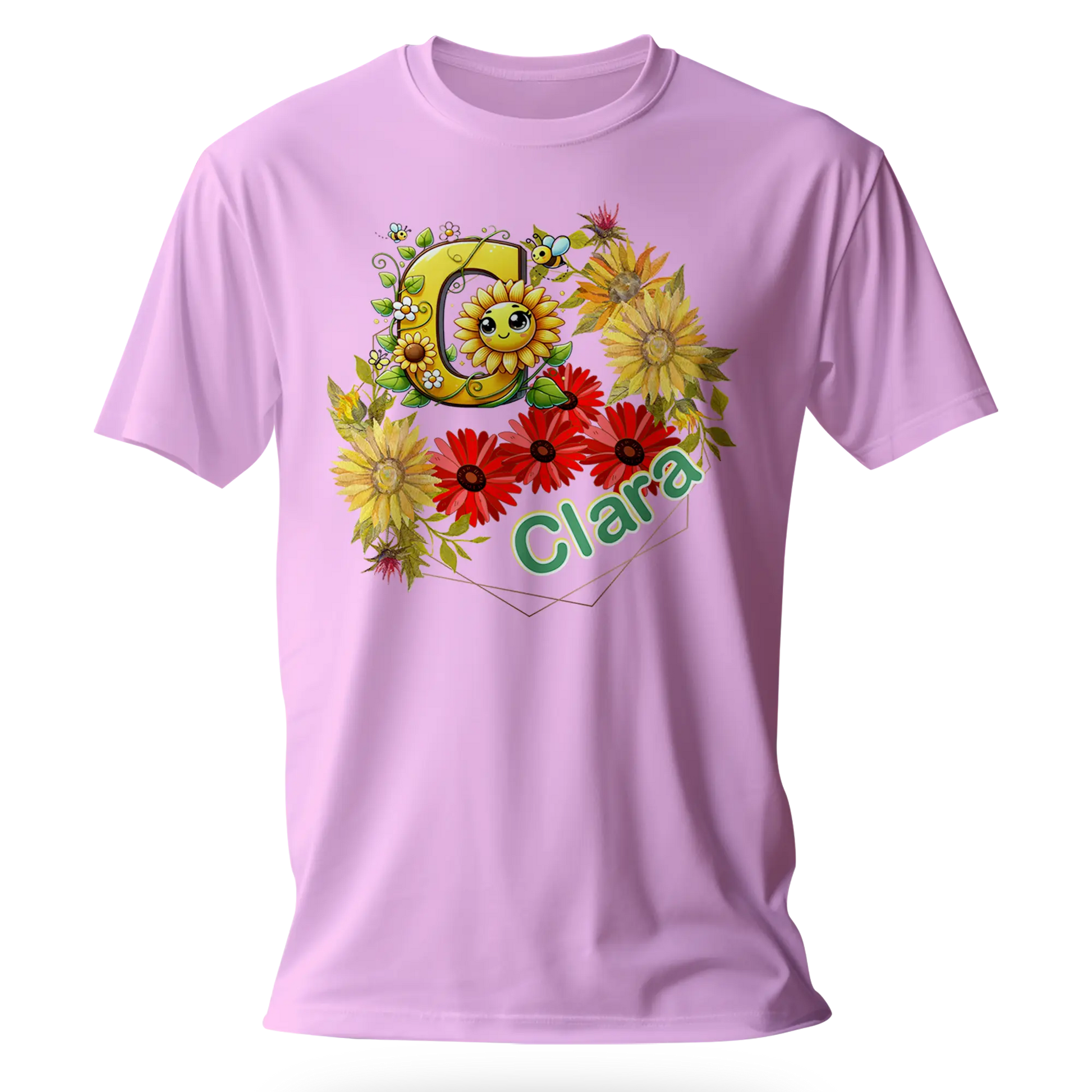 T-Shirt Personnalisé Fleurs Tournesol Jaune & Rouge Avec Visage Pour Fille - Initiale et Prénom - MiniLook