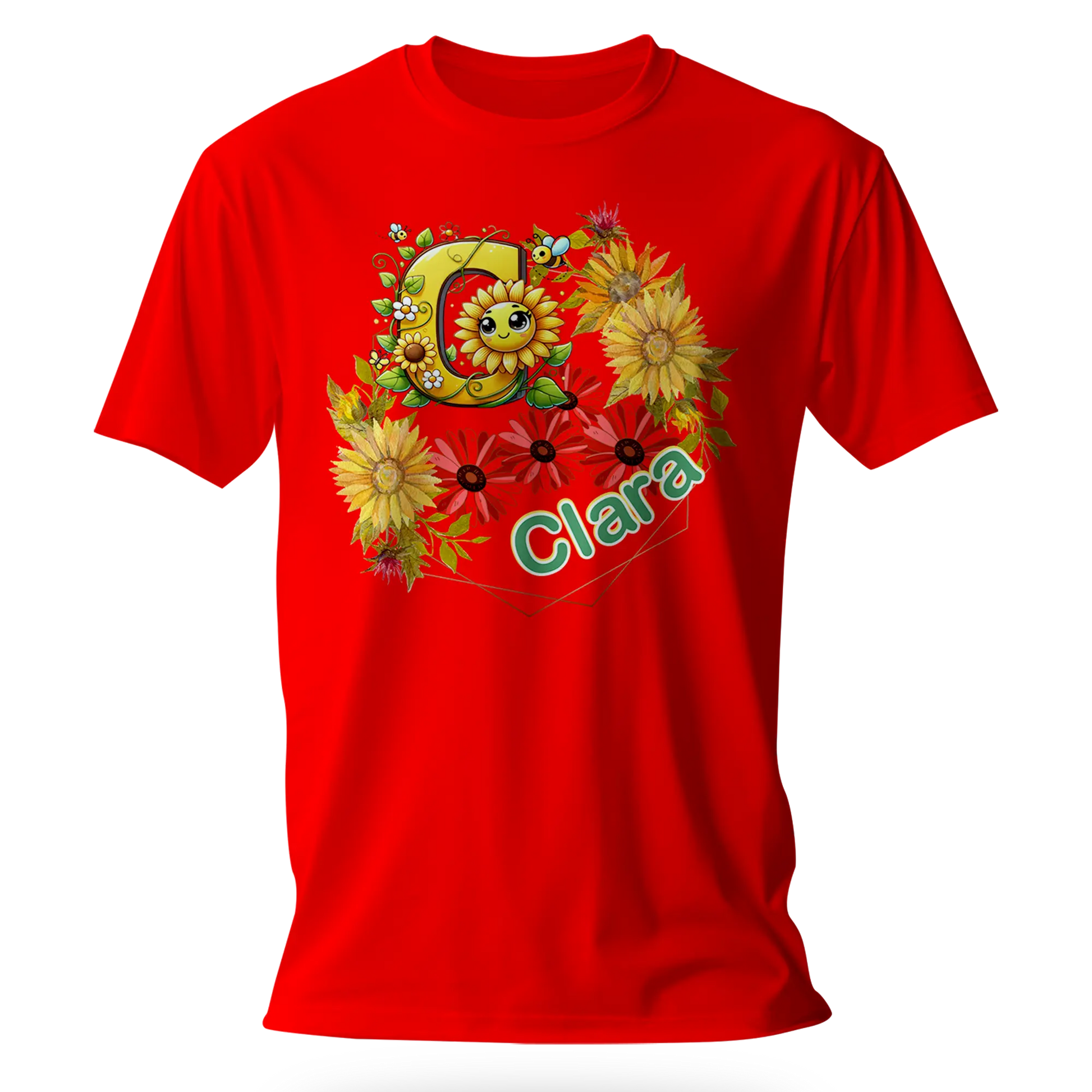 T-Shirt Personnalisé Fleurs Tournesol Jaune & Rouge Avec Visage Pour Fille - Initiale et Prénom - MiniLook