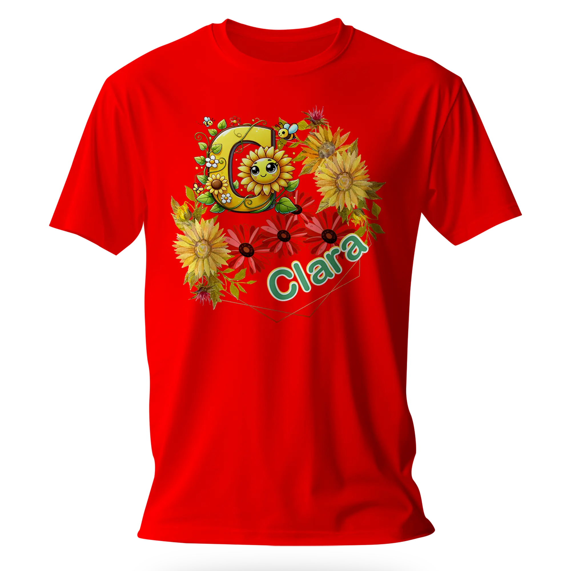 T-Shirt Personnalisé Fleurs Tournesol Jaune & Rouge Avec Visage Pour Fille - Initiale et Prénom - MiniLook