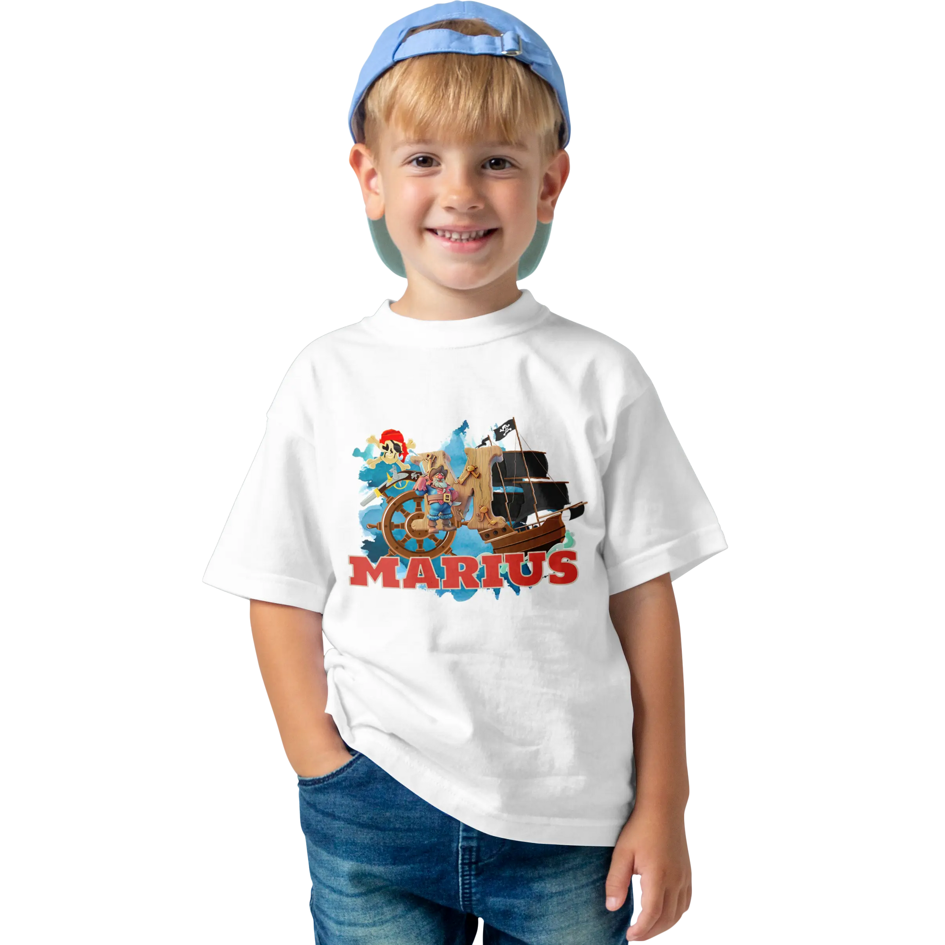 T-Shirt Personnalisé Bateau Pirate & Roue - Initiale et Prénom - MiniLook