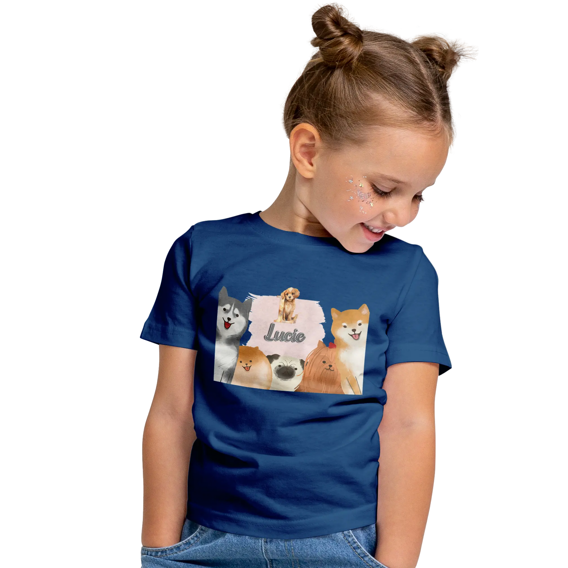 T-Shirt Personnalisé Chien & Chiot Souriant Pour Fille - Initiale et Prénom - MiniLook