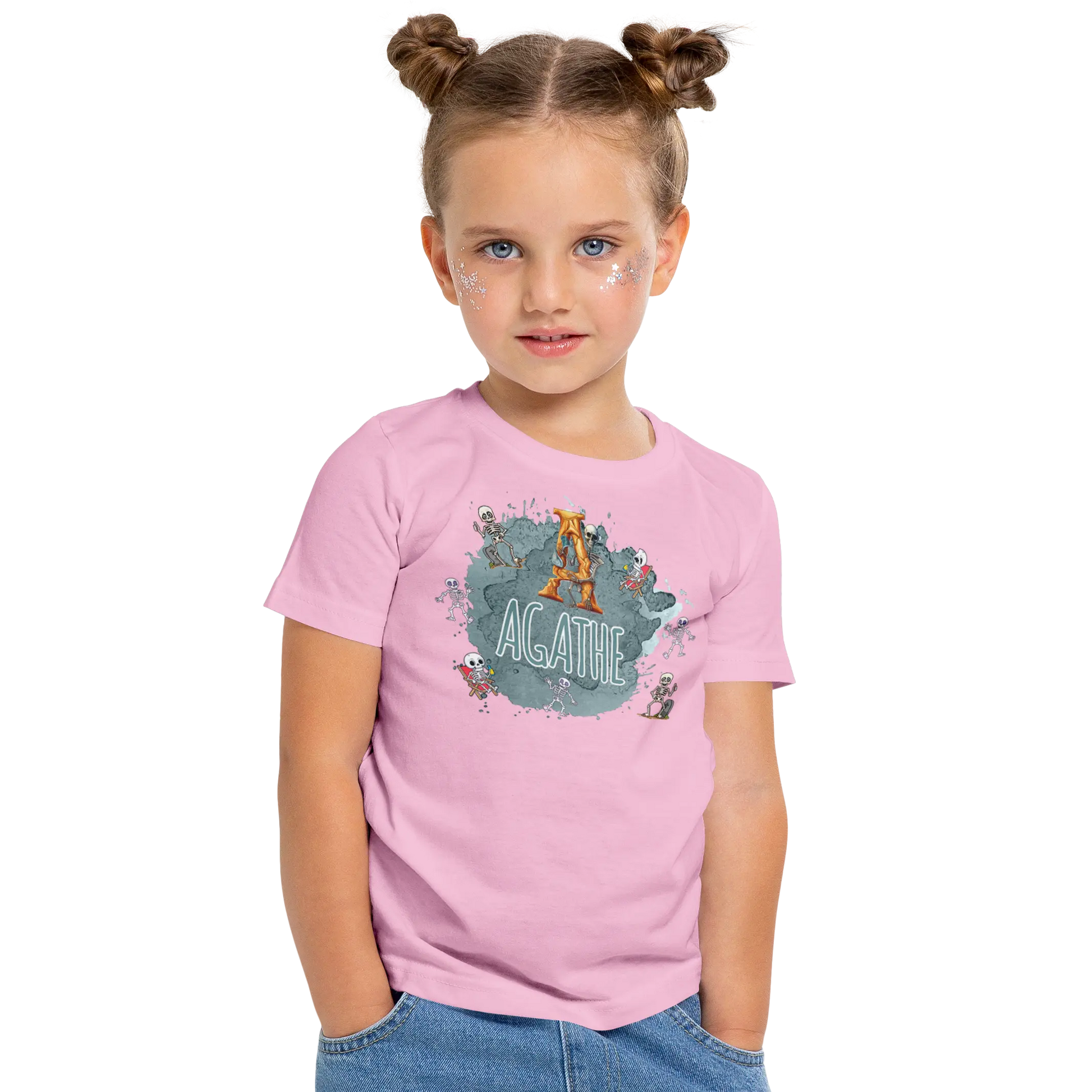 T-shirt personnalisé pour fille - Motif squelette excité Prénom et initiale - MiniLook