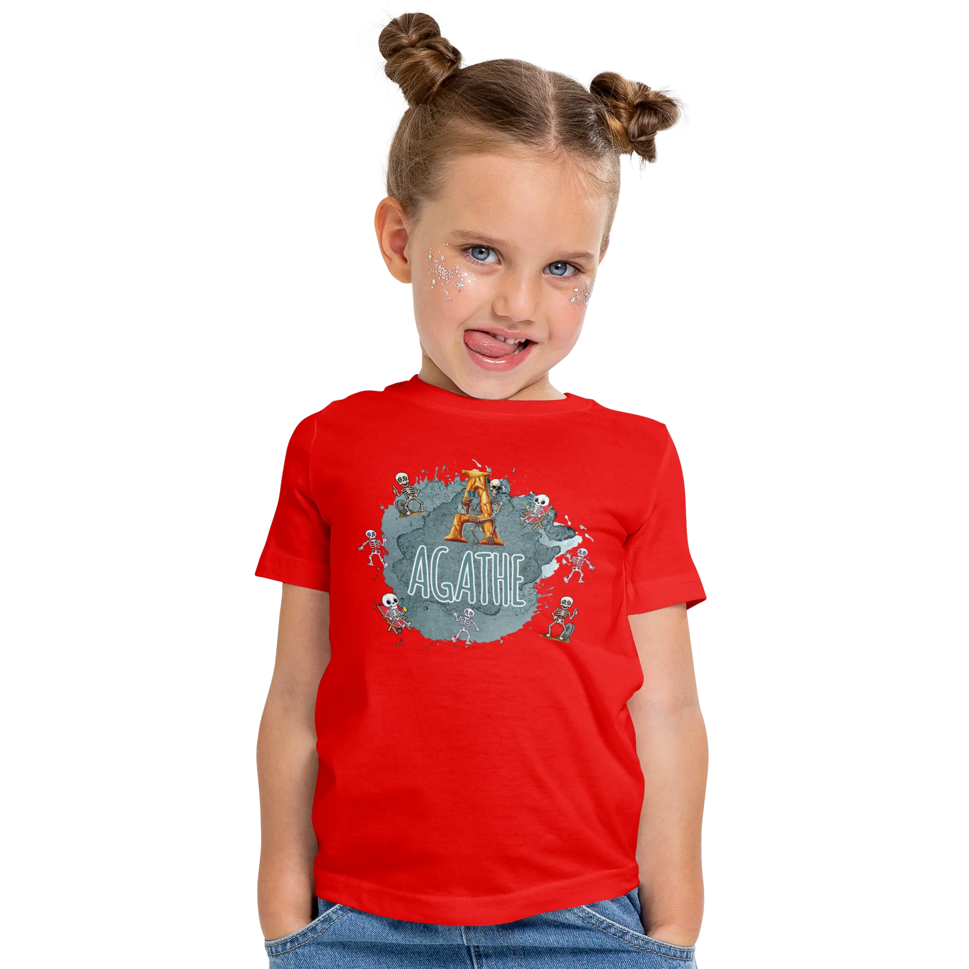 T-shirt personnalisé pour fille - Motif squelette excité Prénom et initiale - MiniLook