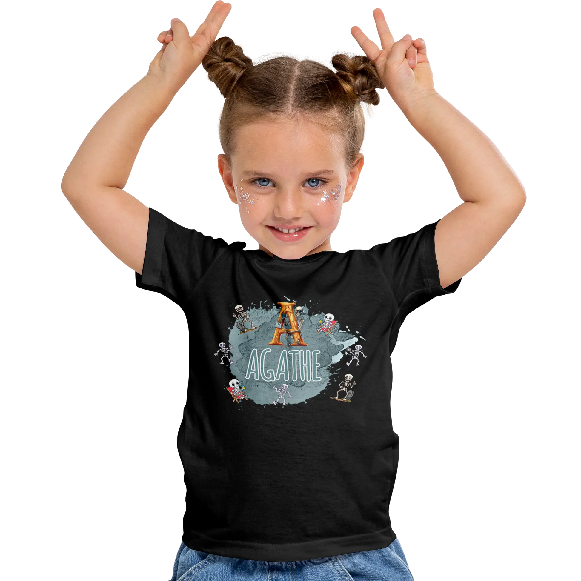 T-shirt personnalisé pour fille - Motif squelette excité Prénom et initiale - MiniLook