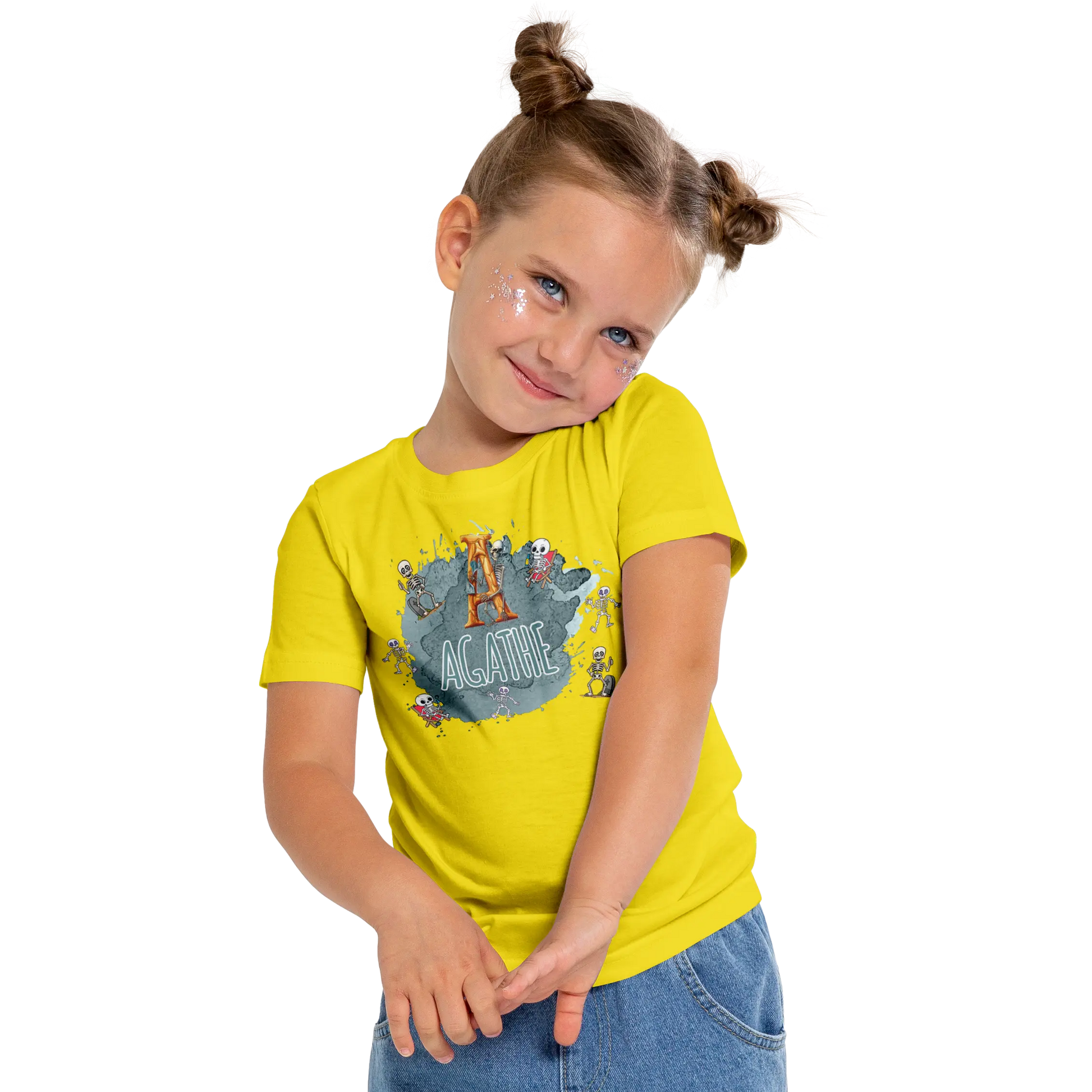 T-shirt personnalisé pour fille - Motif squelette excité Prénom et initiale - MiniLook