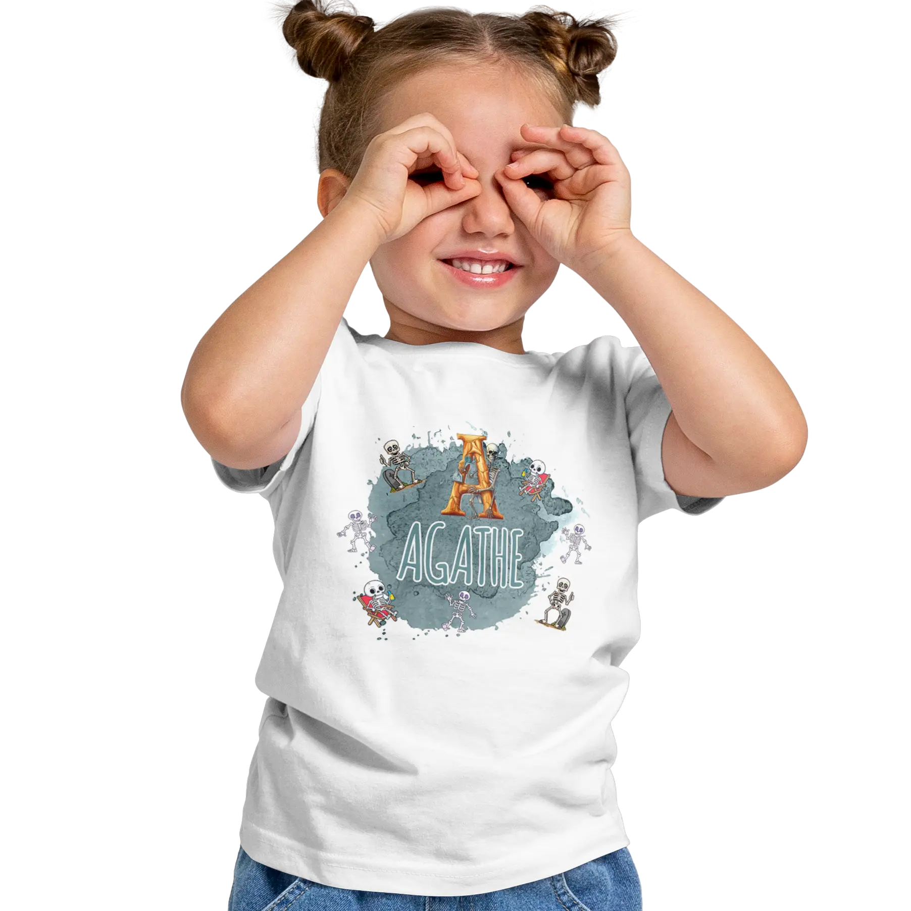 T-shirt personnalisé pour fille - Motif squelette excité Prénom et initiale - MiniLook