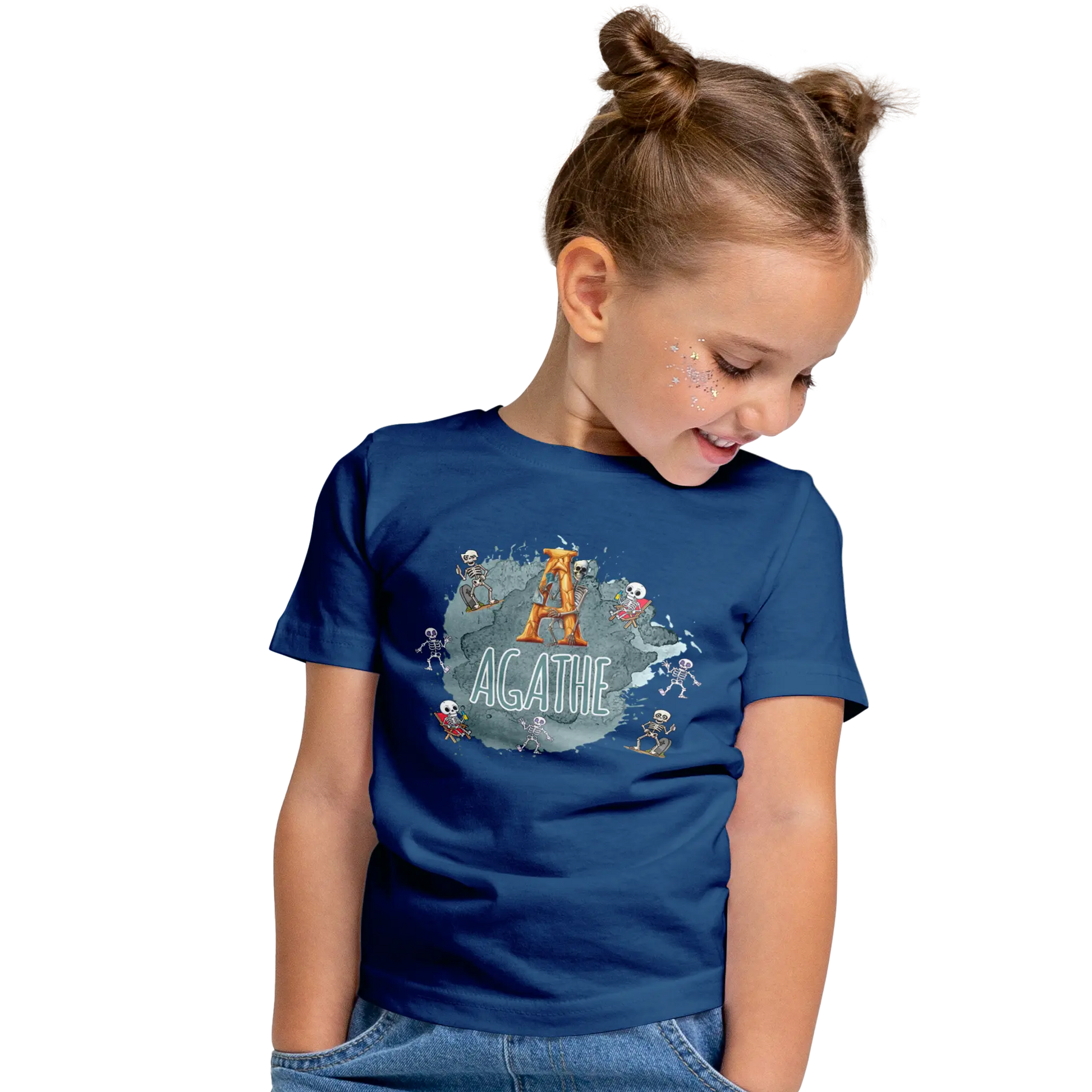 T-shirt personnalisé pour fille - Motif squelette excité Prénom et initiale - MiniLook