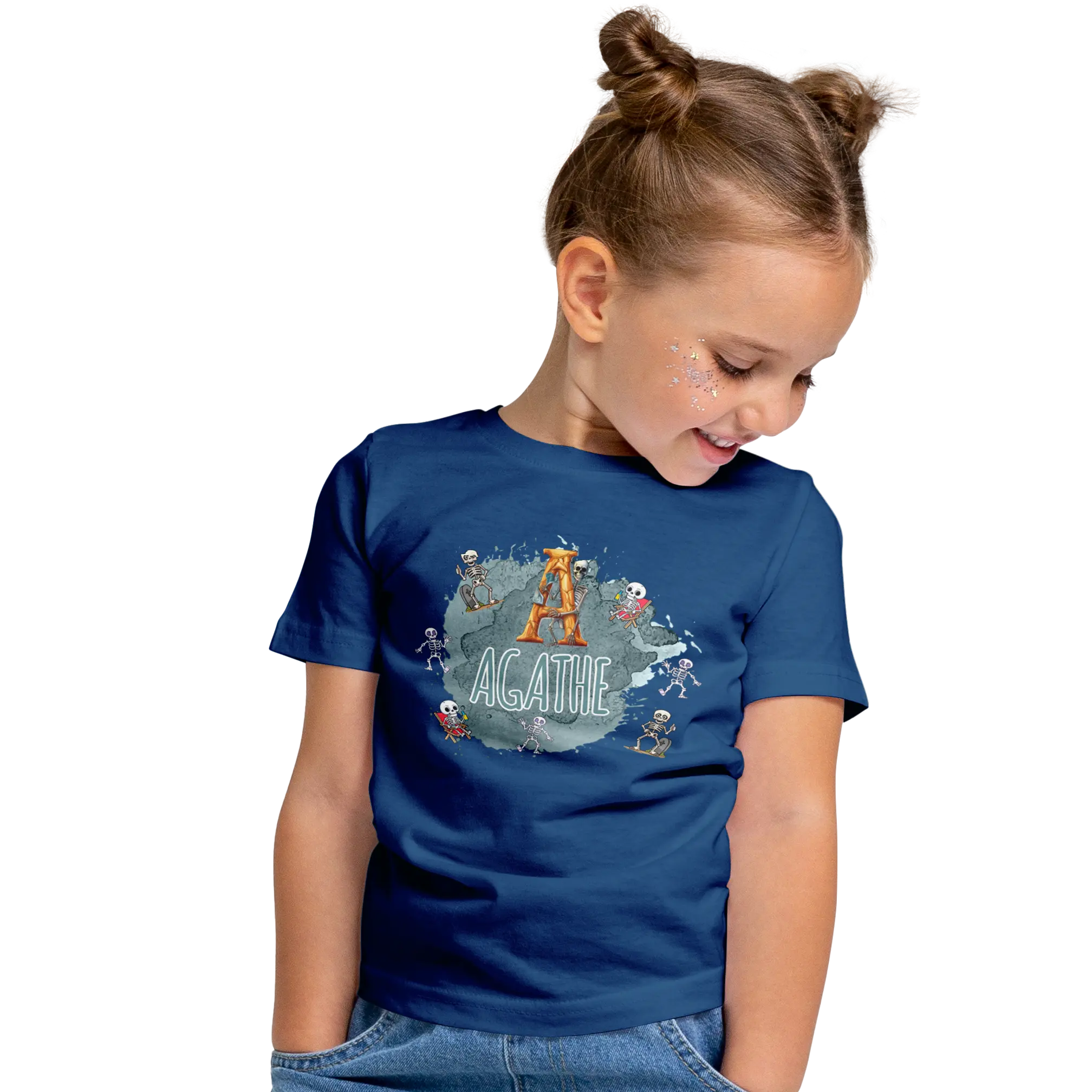 T-shirt personnalisé pour fille - Motif squelette excité Prénom et initiale - MiniLook