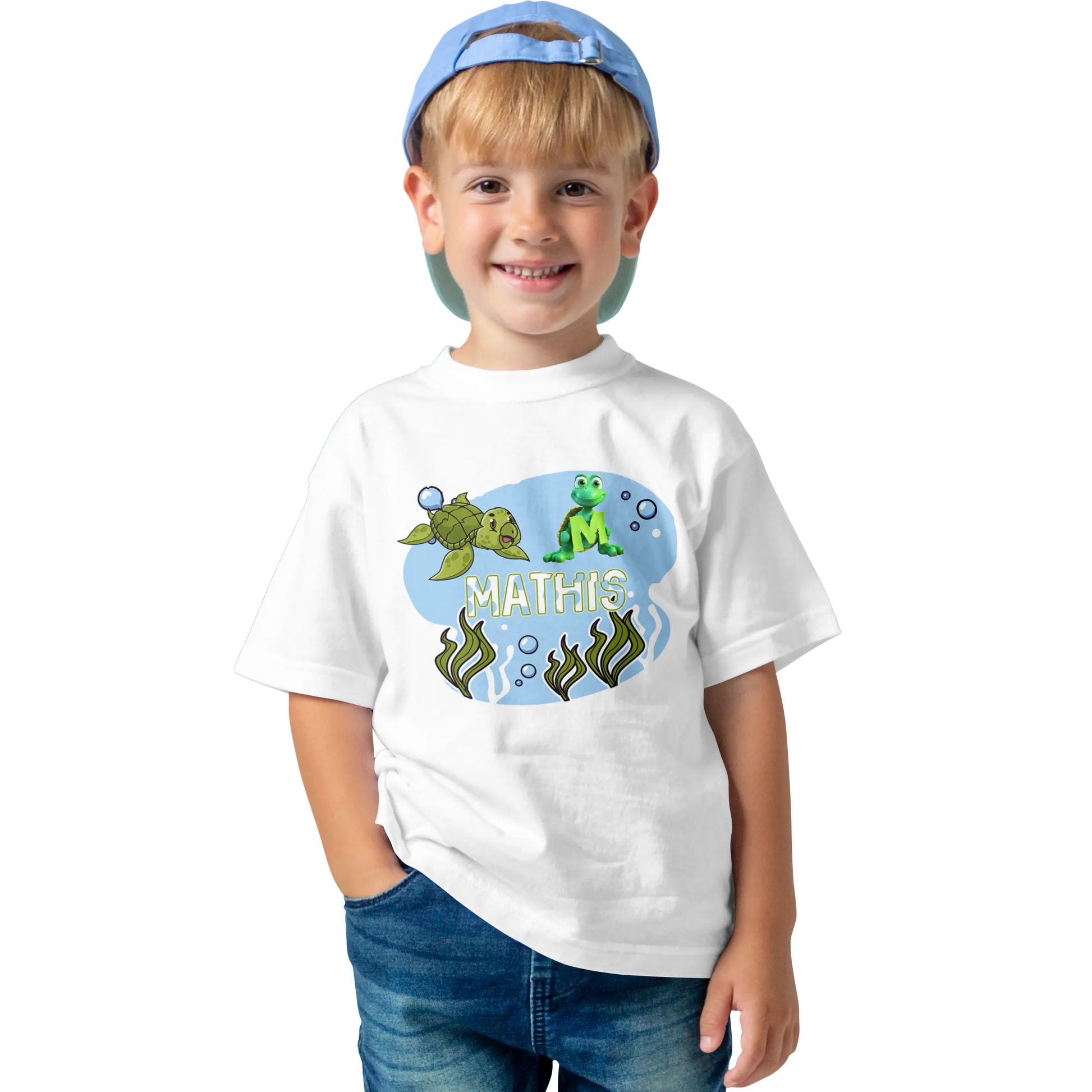 T-Shirt Personnalisé Garçon Tortue Sous - Marine & Fond Marin - Initiale et Prénom - MiniLook