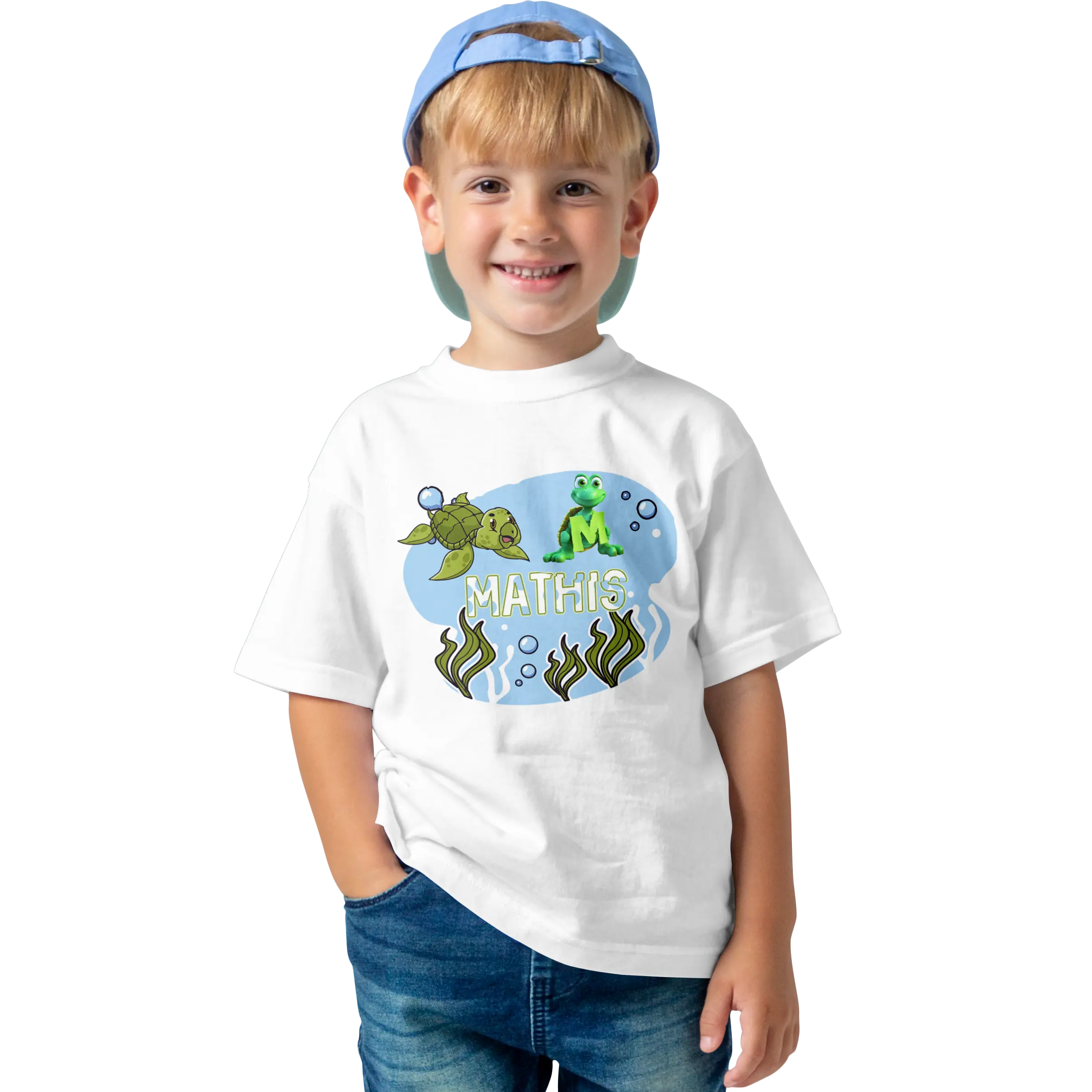 T-Shirt Personnalisé Garçon Tortue Sous - Marine & Fond Marin - Initiale et Prénom - MiniLook