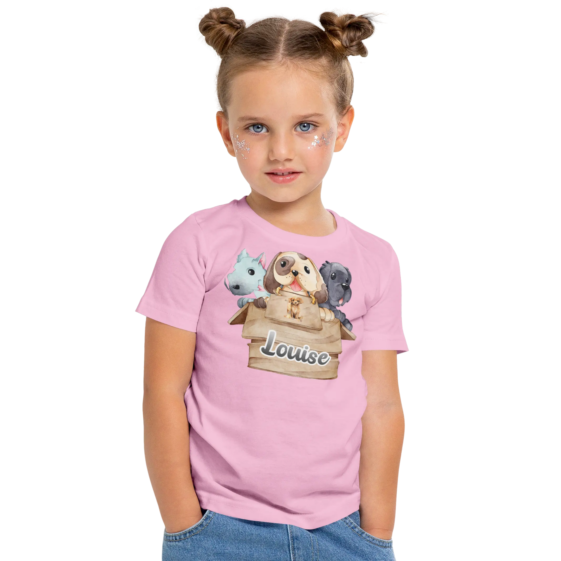 T-Shirt Personnalisé 3 Chiots Out of Box Design Pour Fille - Initiale et Prénom - MiniLook