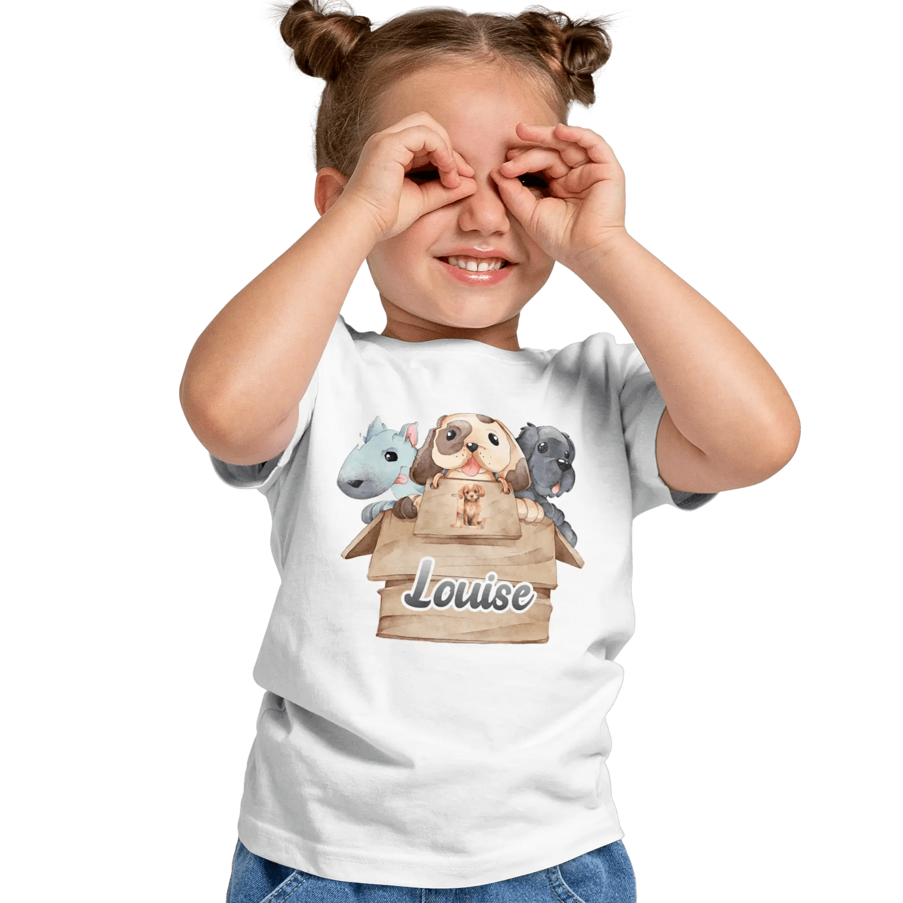 T-Shirt Personnalisé 3 Chiots Out of Box Design Pour Fille - Initiale et Prénom - MiniLook