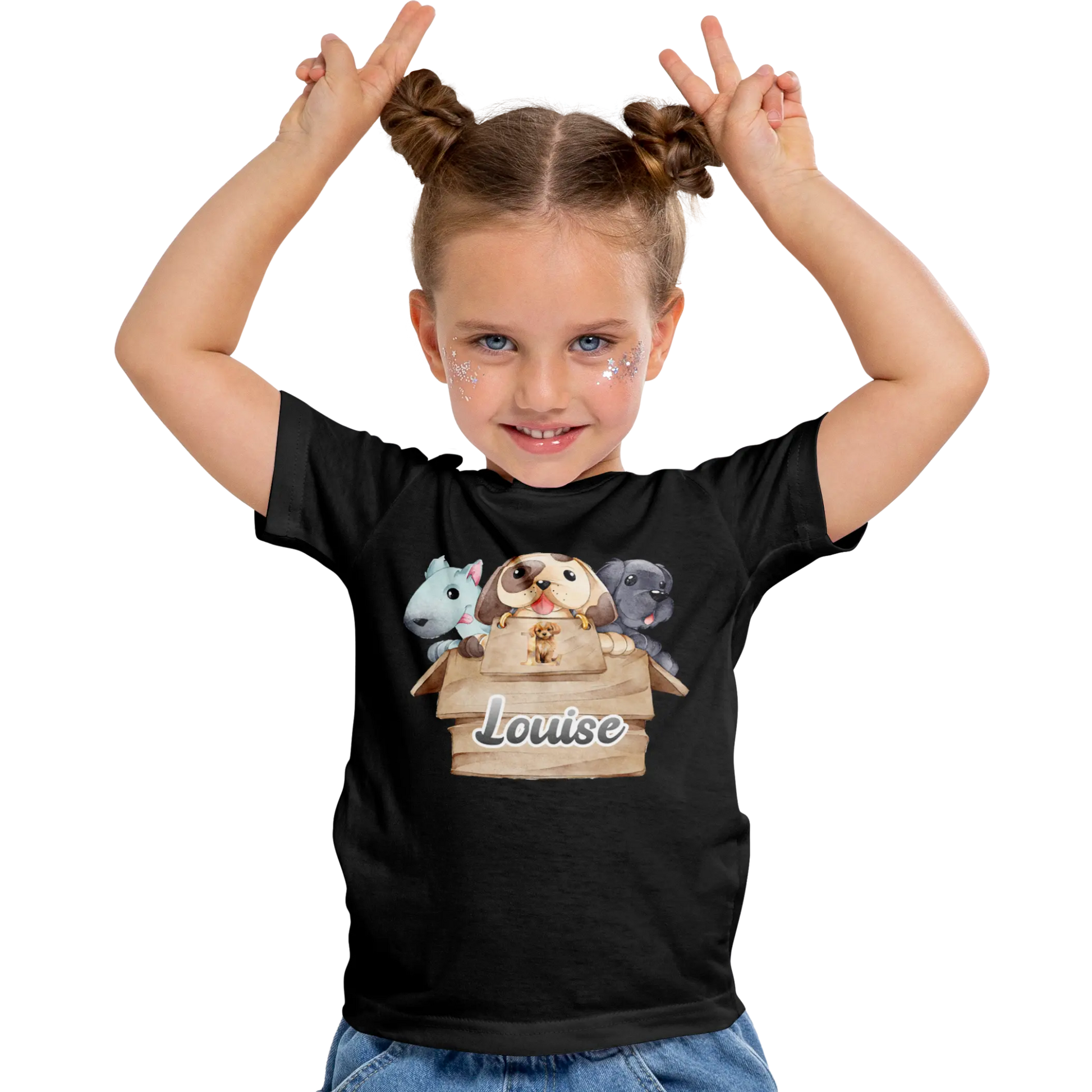 T-Shirt Personnalisé 3 Chiots Out of Box Design Pour Fille - Initiale et Prénom - MiniLook